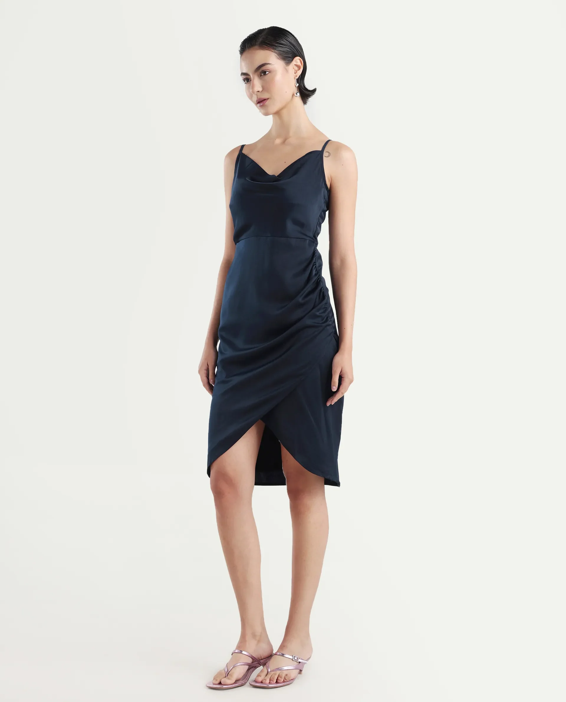 Rareism Women's Avilu Navy Polyester Shoulder Straps Fitted Plain Dress - Image 3