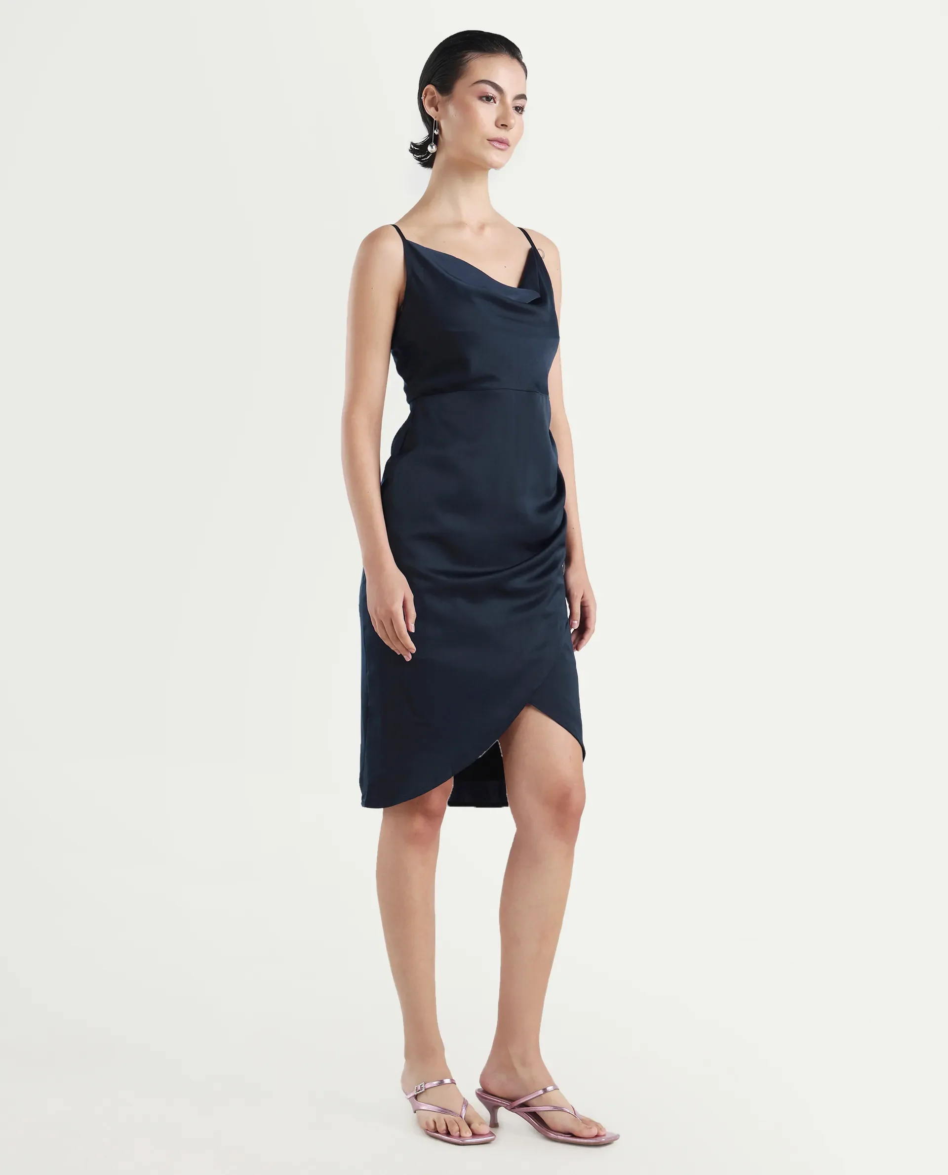 Rareism Women's Avilu Navy Polyester Shoulder Straps Fitted Plain Dress - Image 5