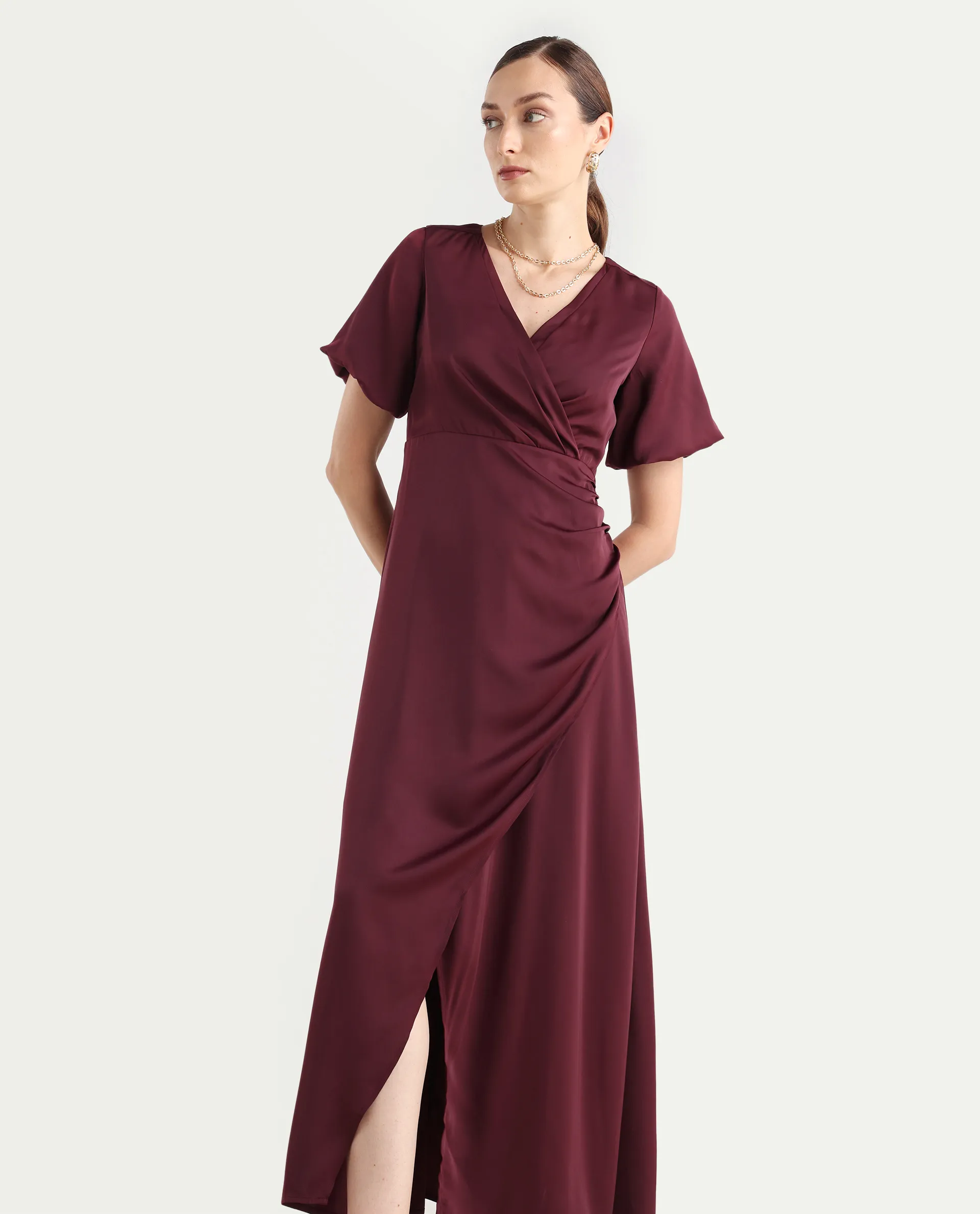Rareism Women Avilya Maroon Wrap Neck Zipper Fit And Flare Maxi Plain Dress - Image 2