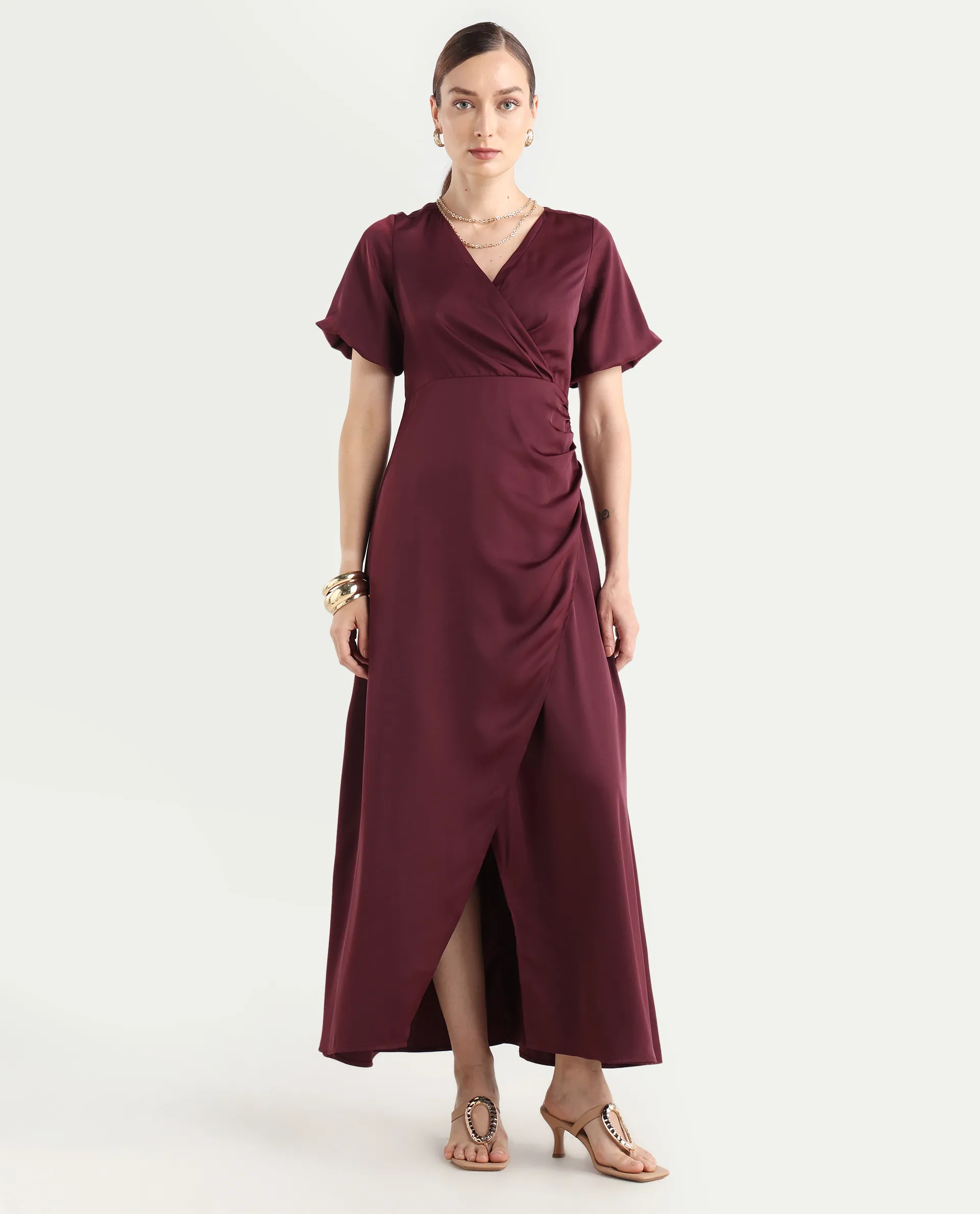 Rareism Women Avilya Maroon Wrap Neck Zipper Fit And Flare Maxi Plain Dress - Image 3