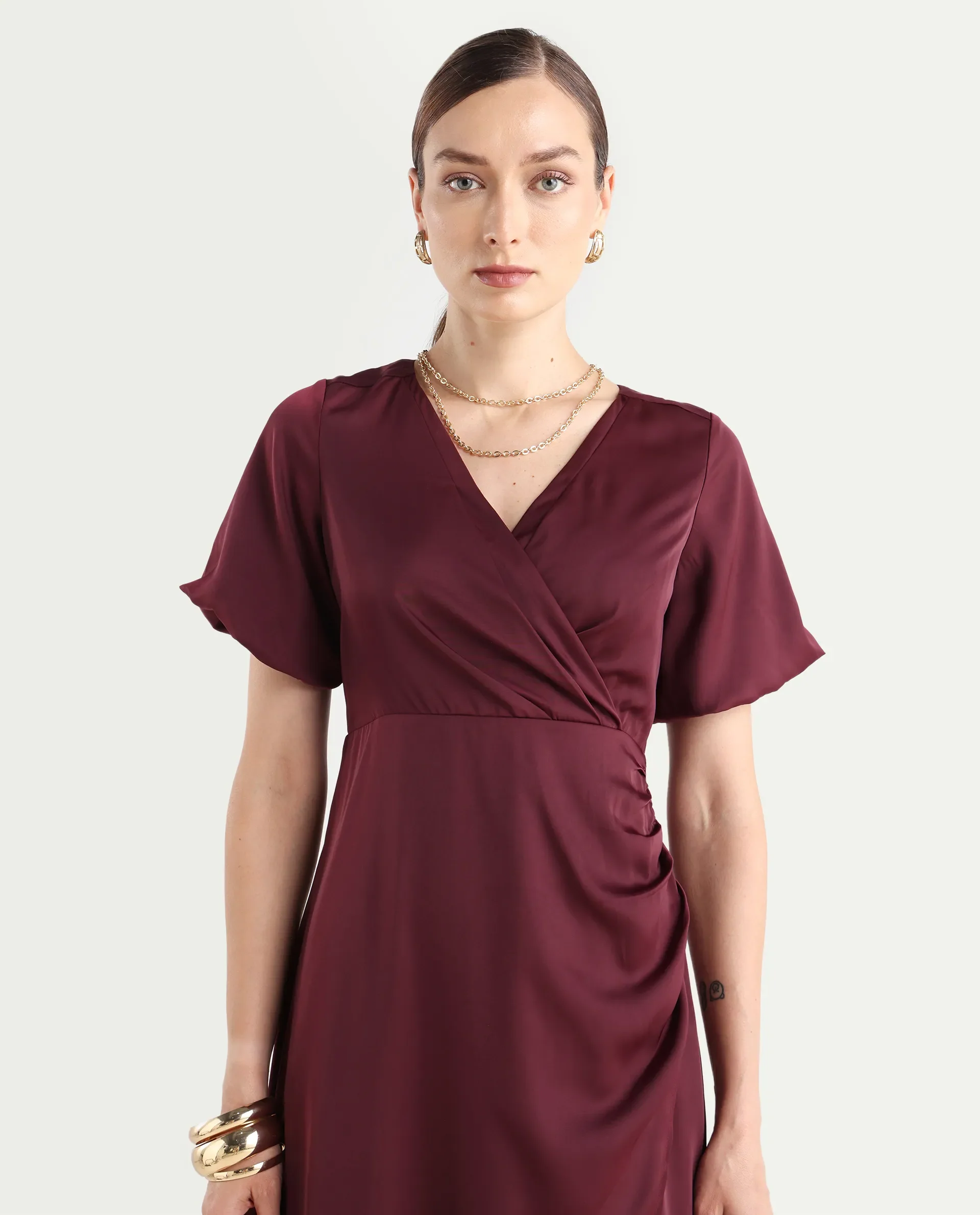 Rareism Women Avilya Maroon Wrap Neck Zipper Fit And Flare Maxi Plain Dress - Image 4