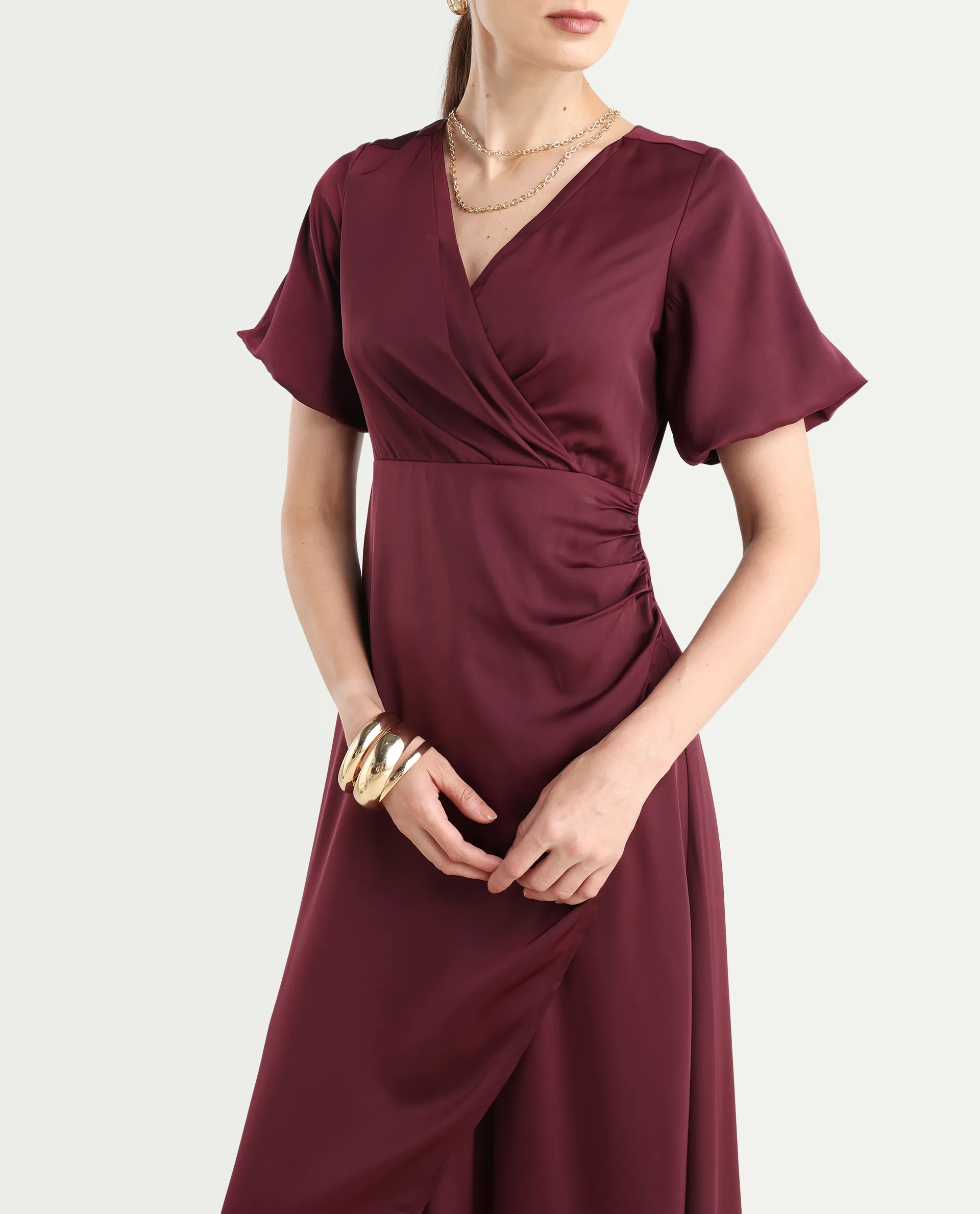 Rareism Women Avilya Maroon Wrap Neck Zipper Fit And Flare Maxi Plain Dress - Image 5