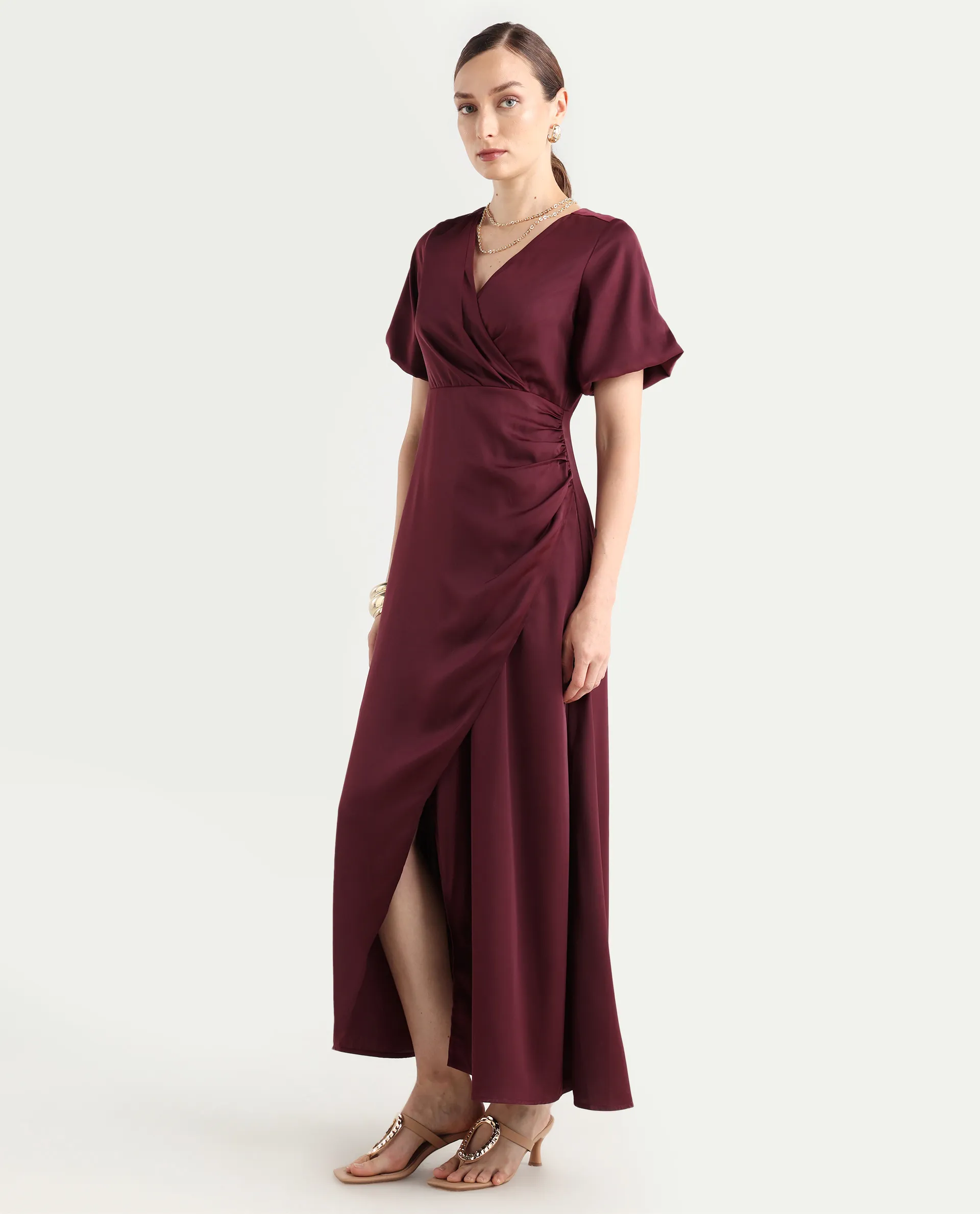 Rareism Women Avilya Maroon Wrap Neck Zipper Fit And Flare Maxi Plain Dress - Image 6