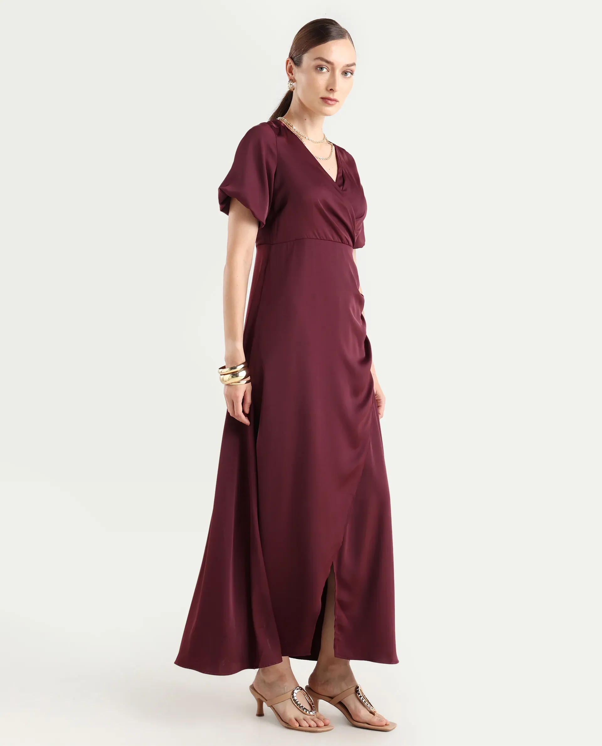 Rareism Women Avilya Maroon Wrap Neck Zipper Fit And Flare Maxi Plain Dress - Image 7