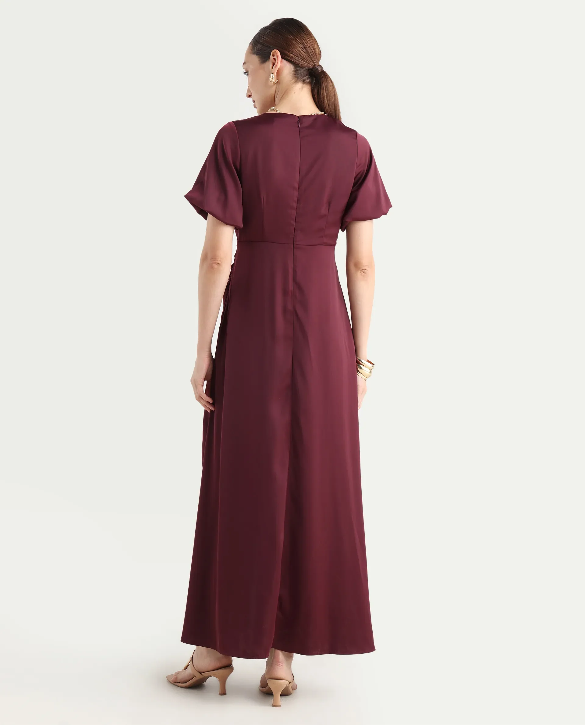 Rareism Women Avilya Maroon Wrap Neck Zipper Fit And Flare Maxi Plain Dress - Image 8