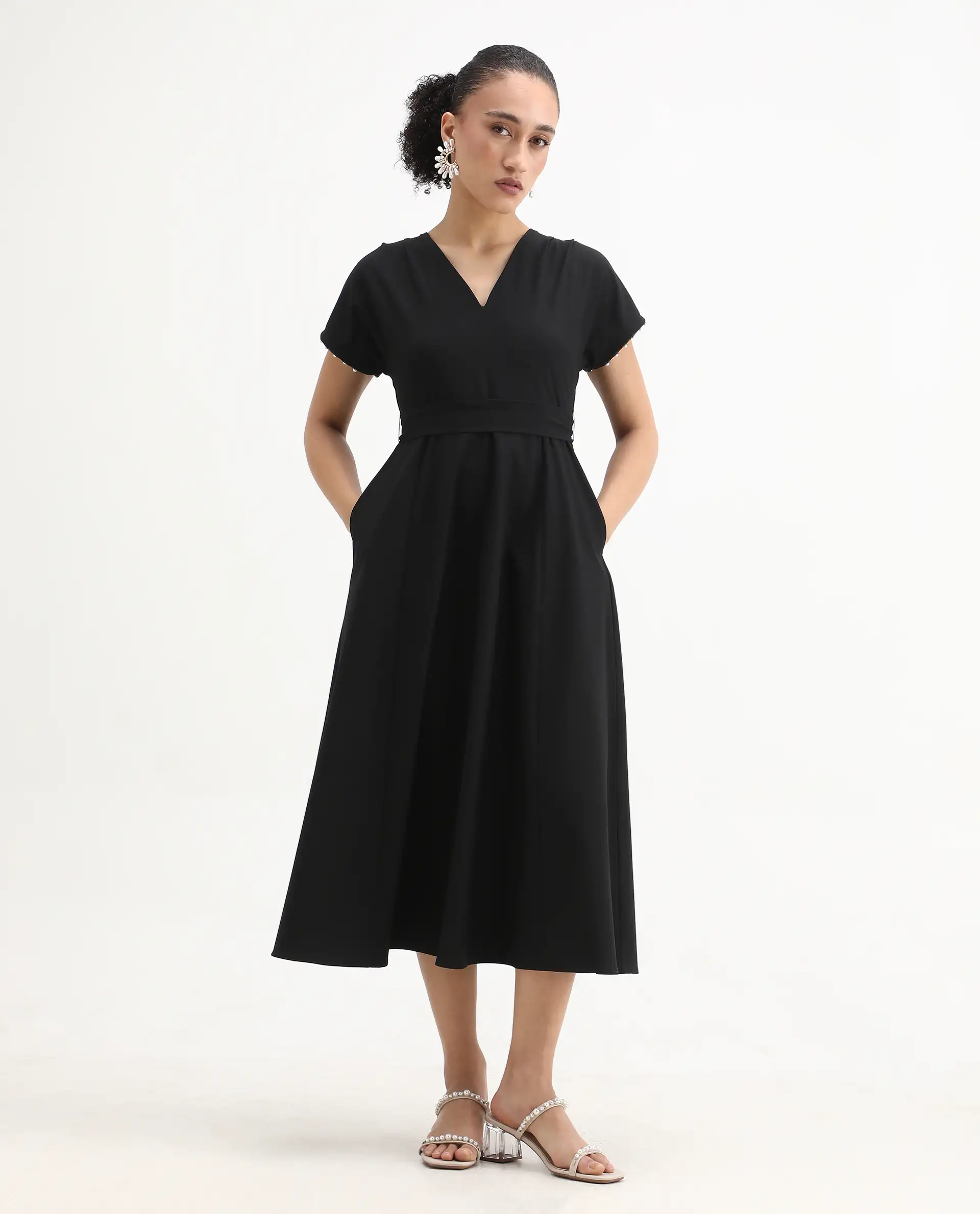 Rareism Women Avim Black V-Neck Zipper Closure Fit And Flare Midi Plain Dress - Image 2