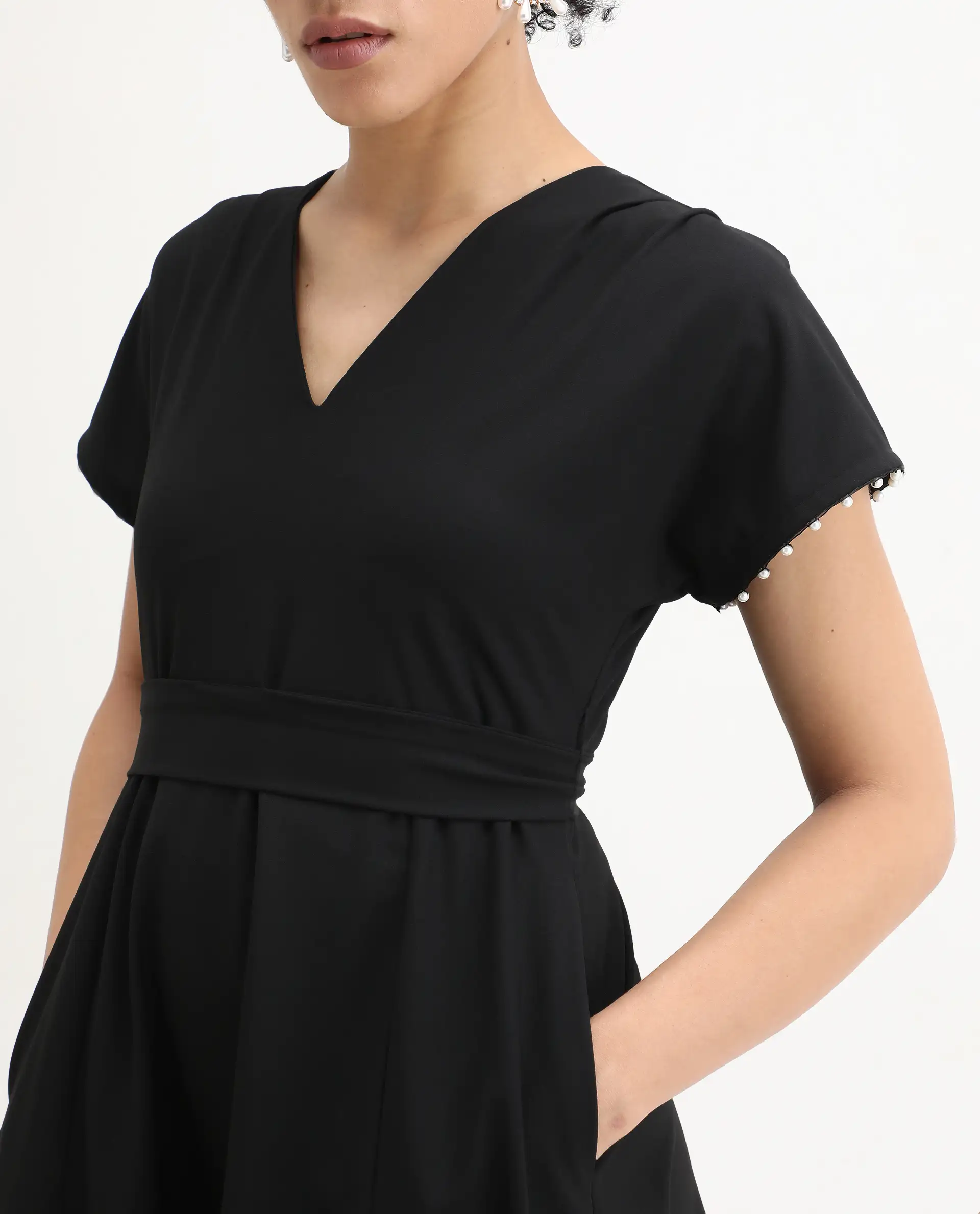 Rareism Women Avim Black V-Neck Zipper Closure Fit And Flare Midi Plain Dress - Image 4