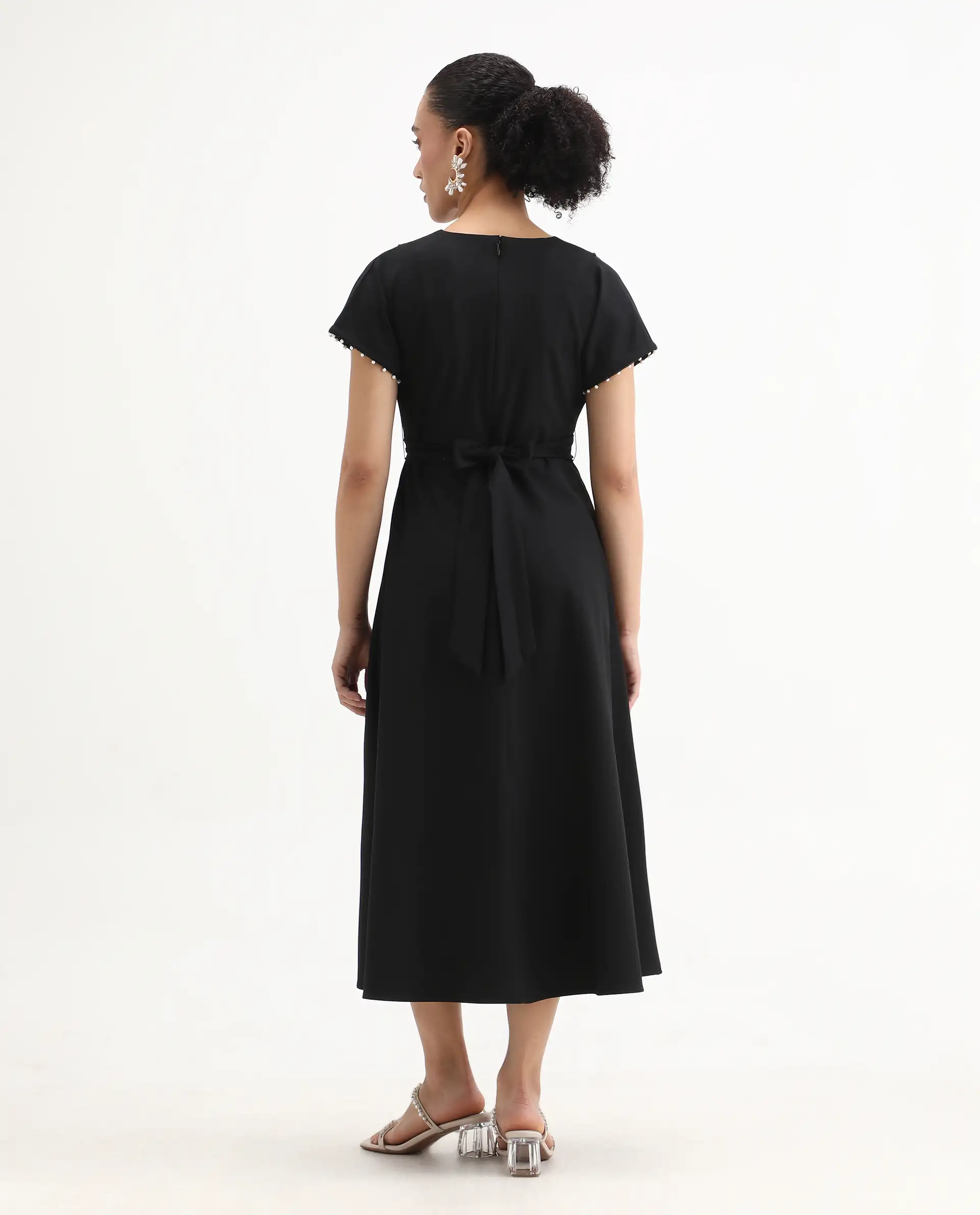 Rareism Women Avim Black V-Neck Zipper Closure Fit And Flare Midi Plain Dress - Image 7