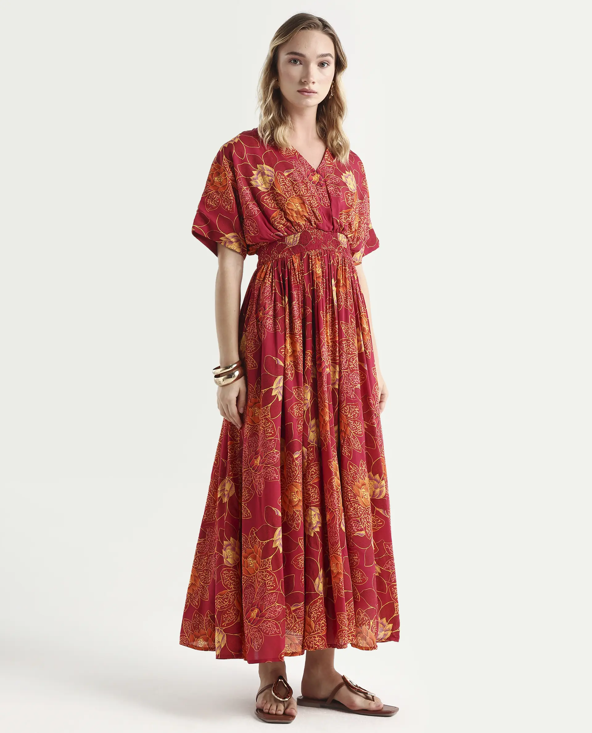 Rareism Women's Avimay Pink Modal V-Neck Fit And Flare Printed Dress - Image 5