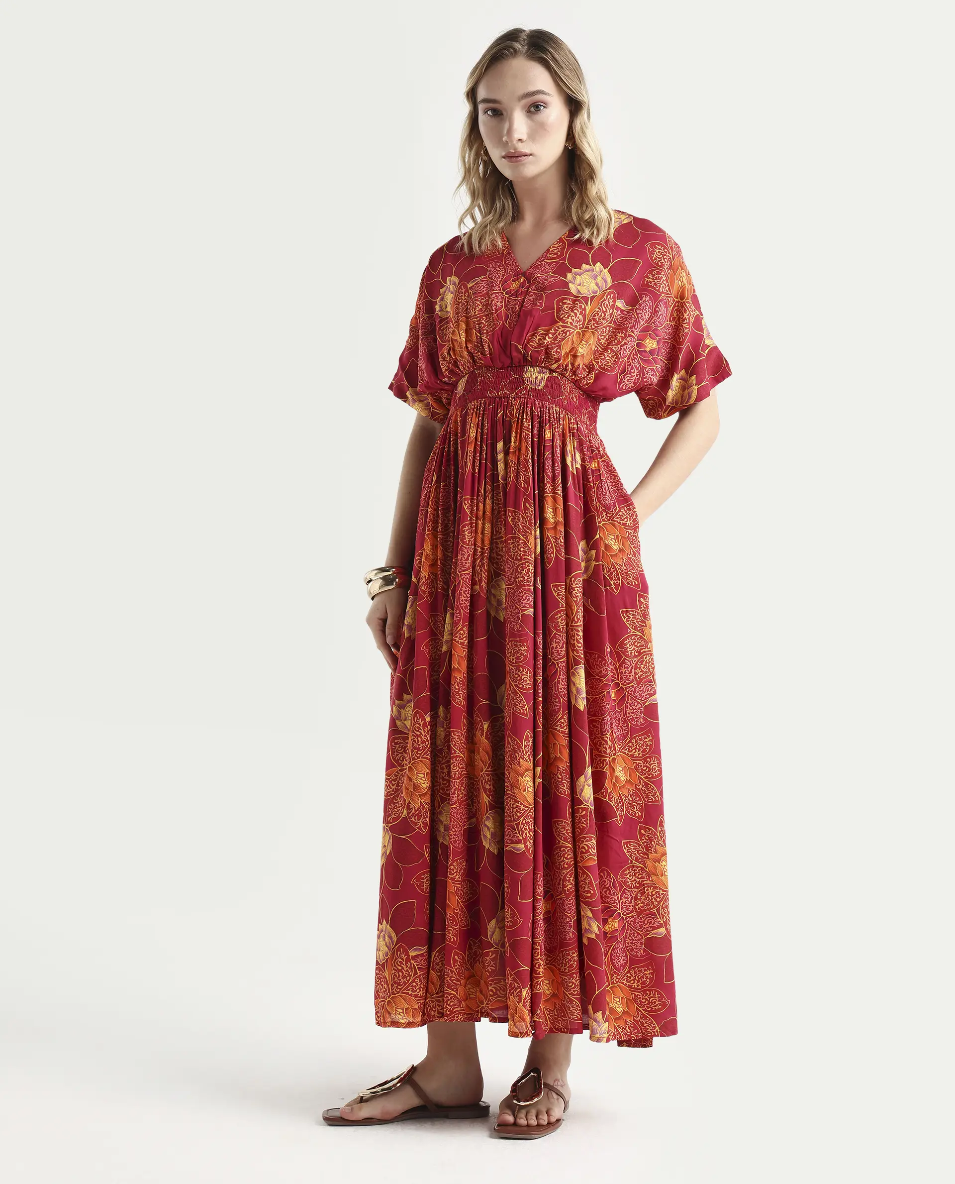 Rareism Women's Avimay Pink Modal V-Neck Fit And Flare Printed Dress - Image 6