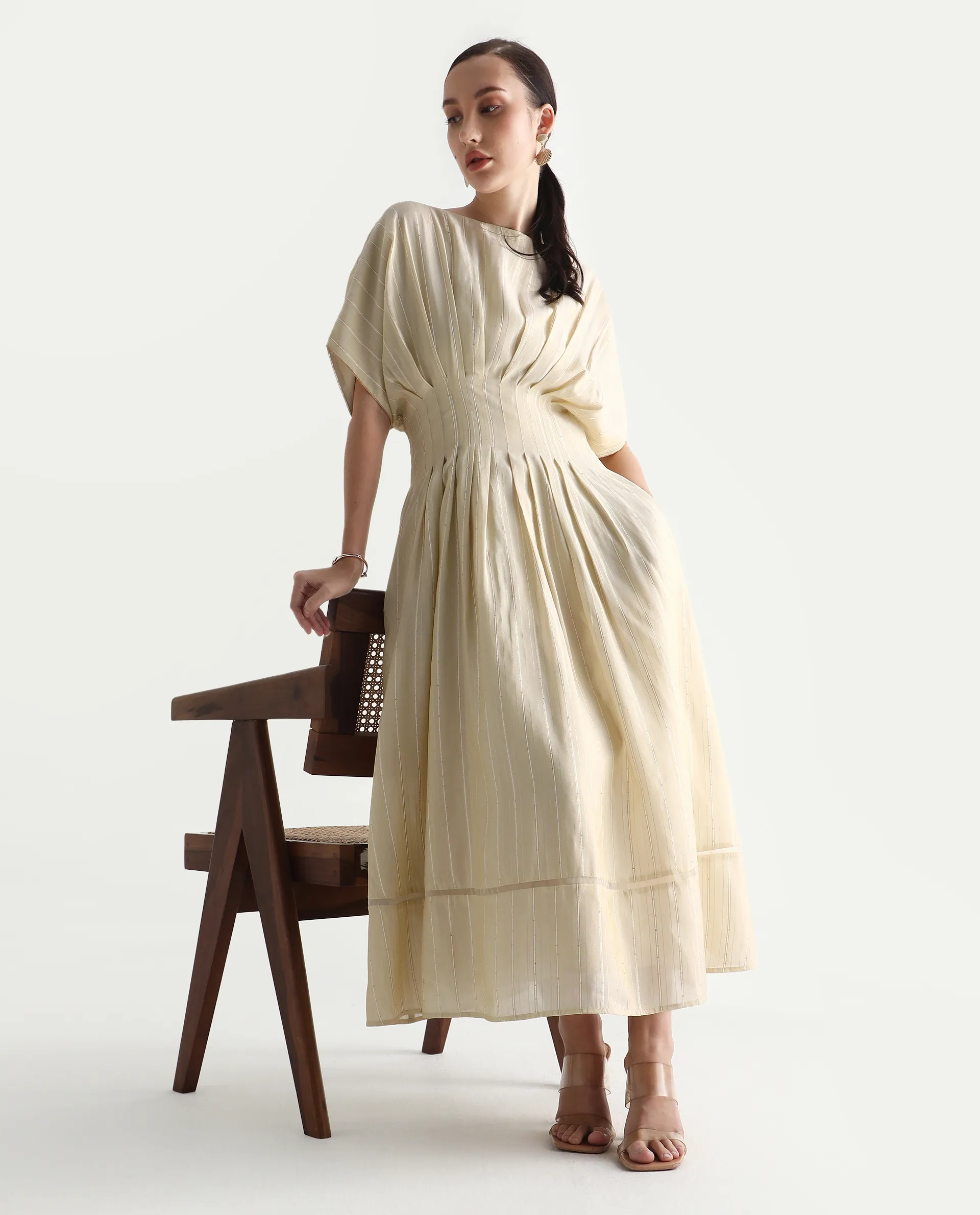 Rareism Women's Avimi Off White Viscose Round Neck Fit And Flare Plain Midi Dress