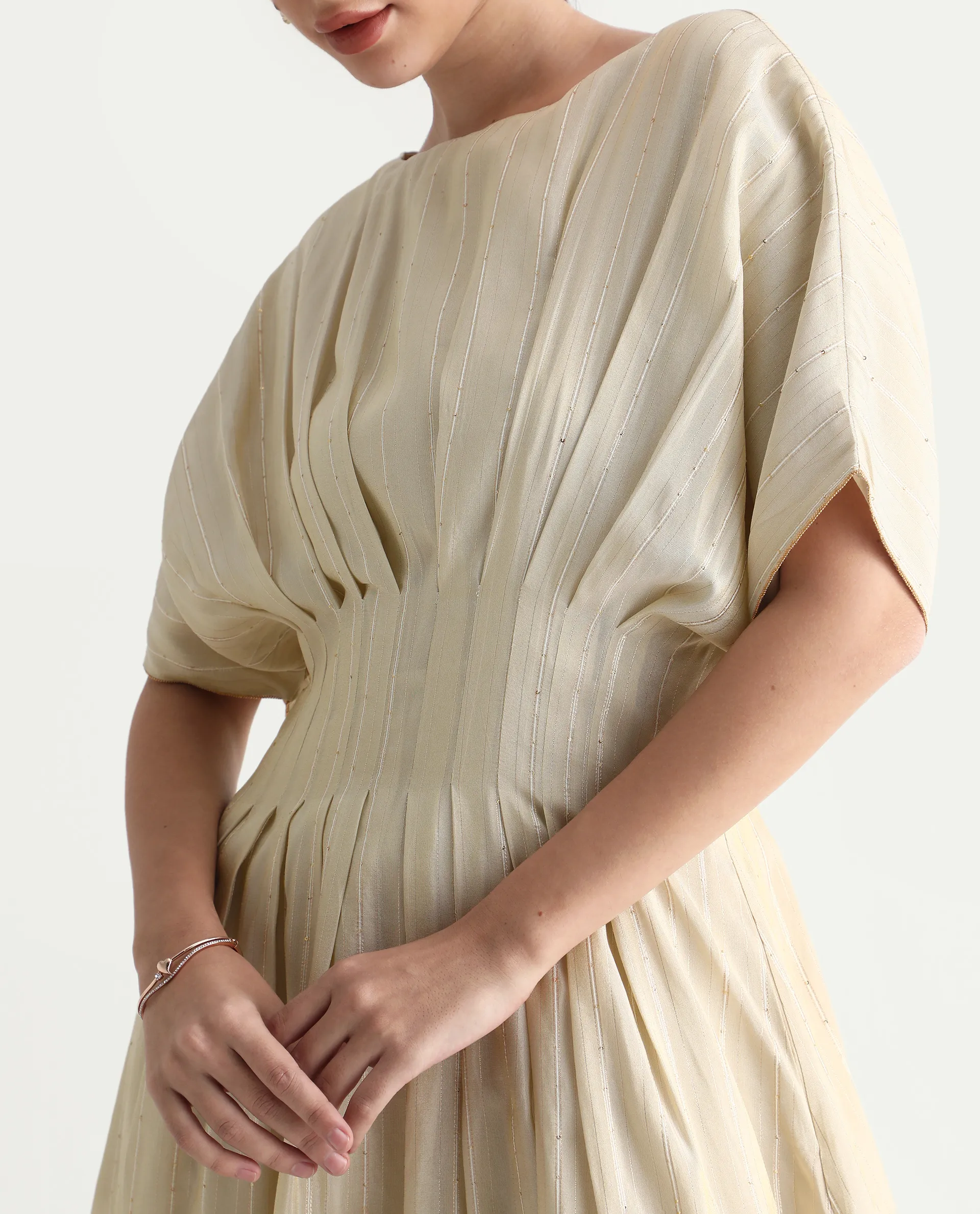 Rareism Women's Avimi Off White Viscose Round Neck Fit And Flare Plain Midi Dress - Image 10
