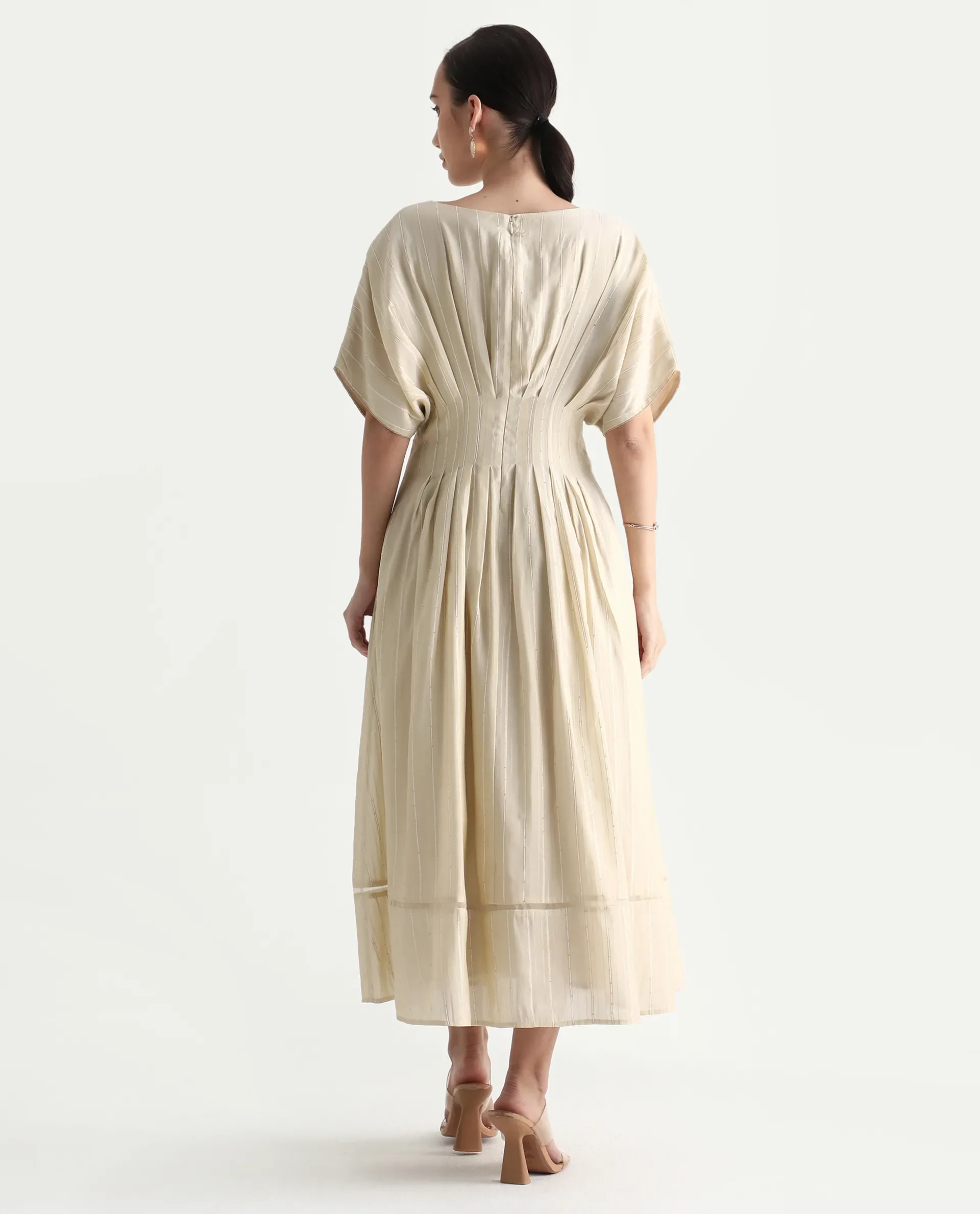 Rareism Women's Avimi Off White Viscose Round Neck Fit And Flare Plain Midi Dress - Image 11