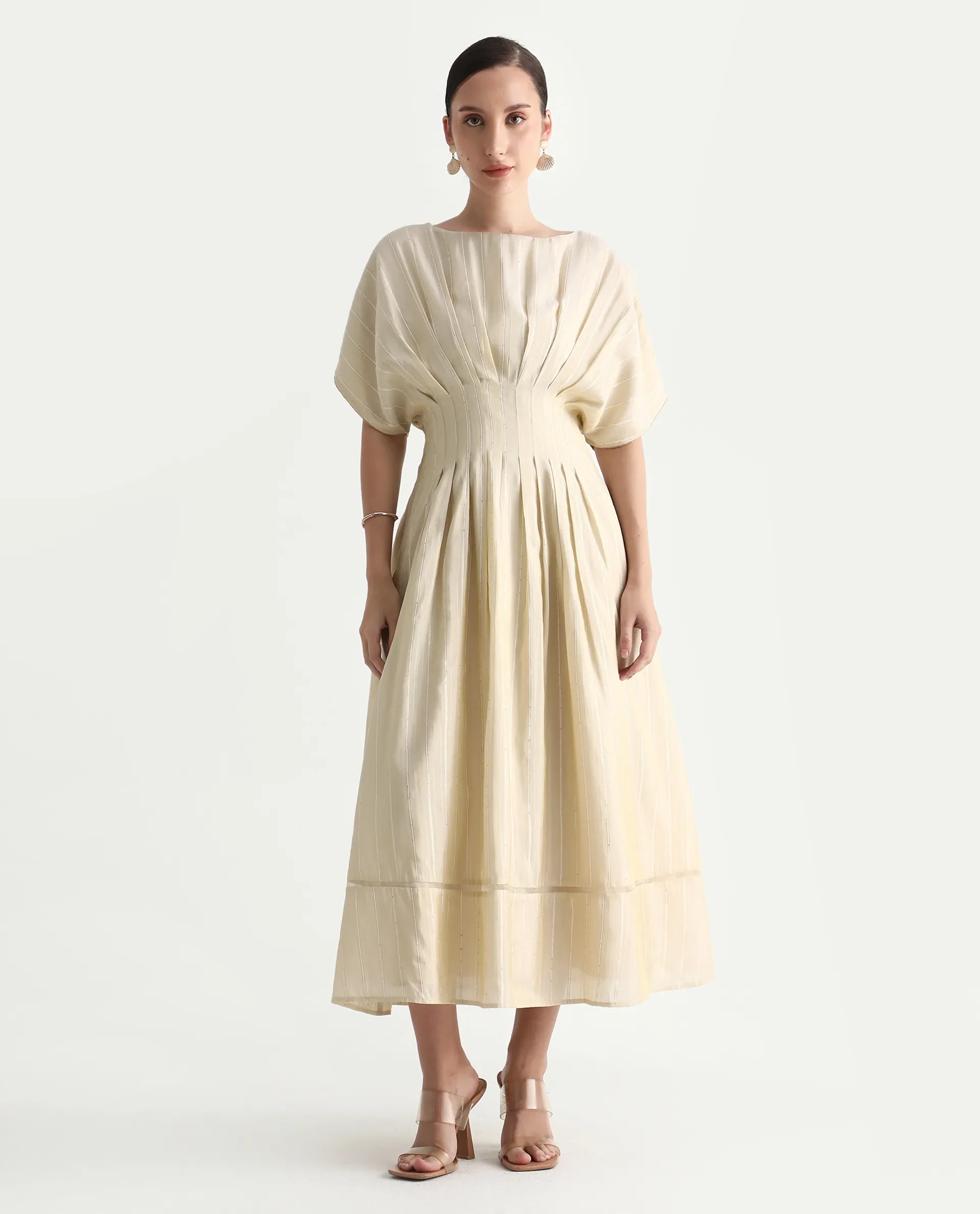 Rareism Women's Avimi Off White Viscose Round Neck Fit And Flare Plain Midi Dress - Image 6