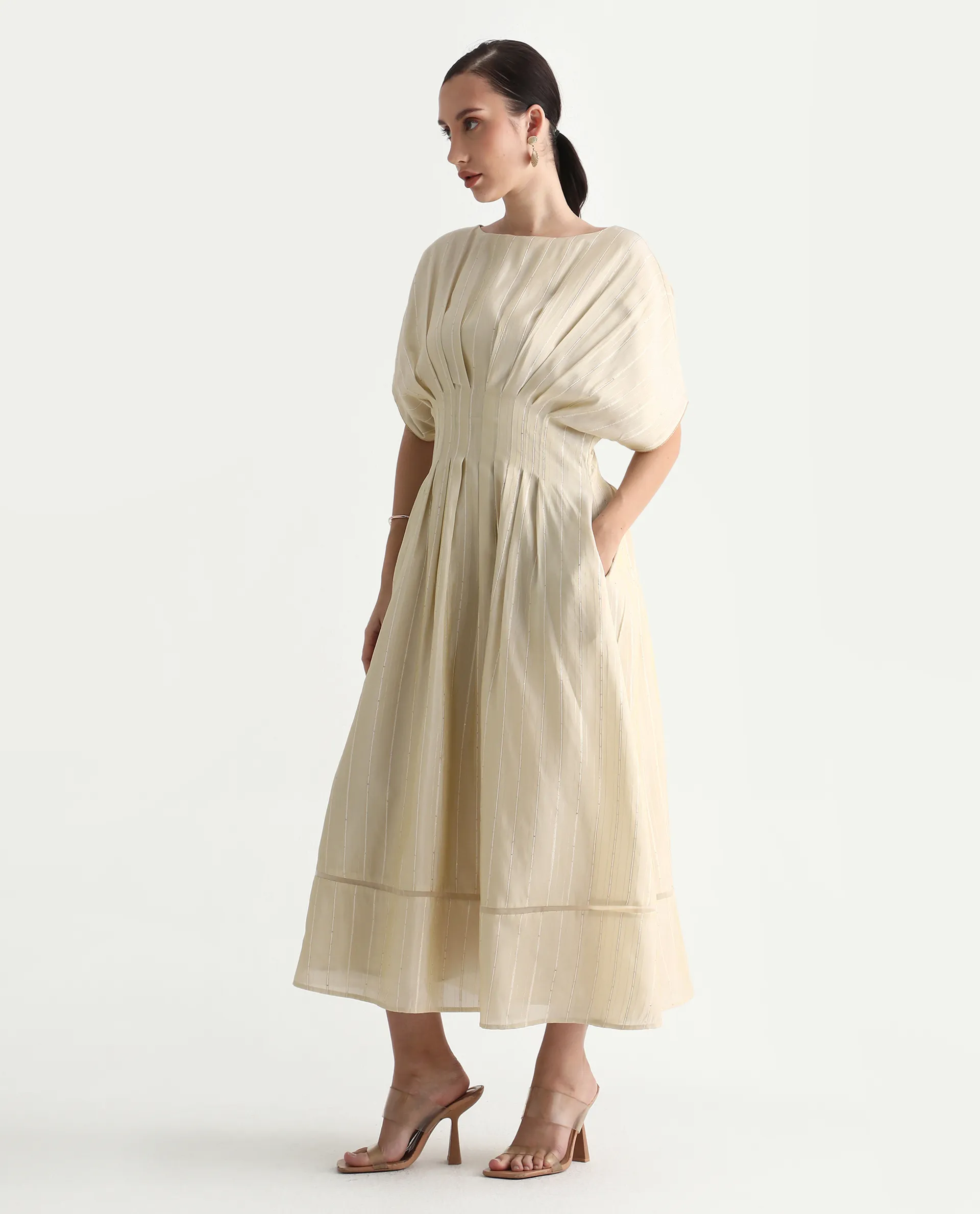 Rareism Women's Avimi Off White Viscose Round Neck Fit And Flare Plain Midi Dress - Image 7