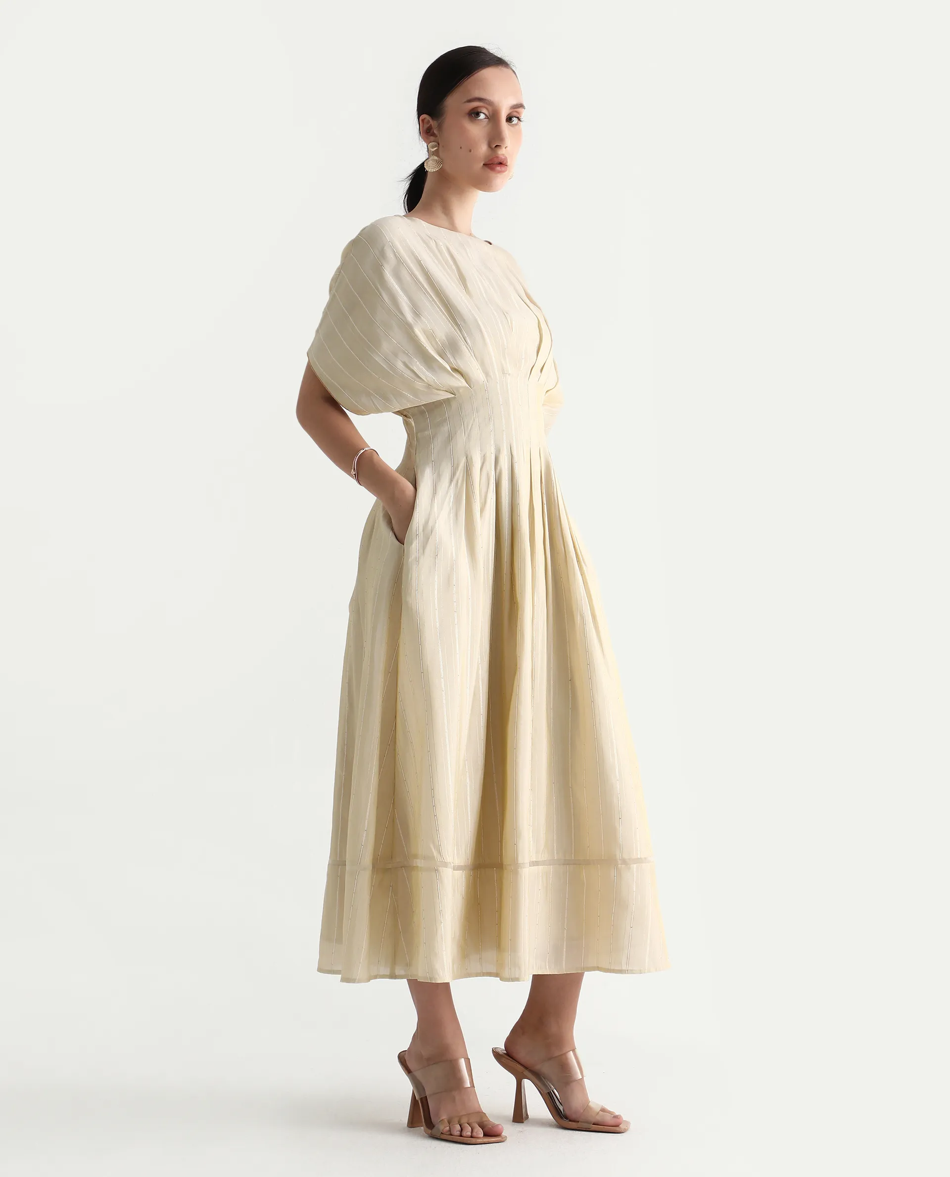 Rareism Women's Avimi Off White Viscose Round Neck Fit And Flare Plain Midi Dress - Image 8