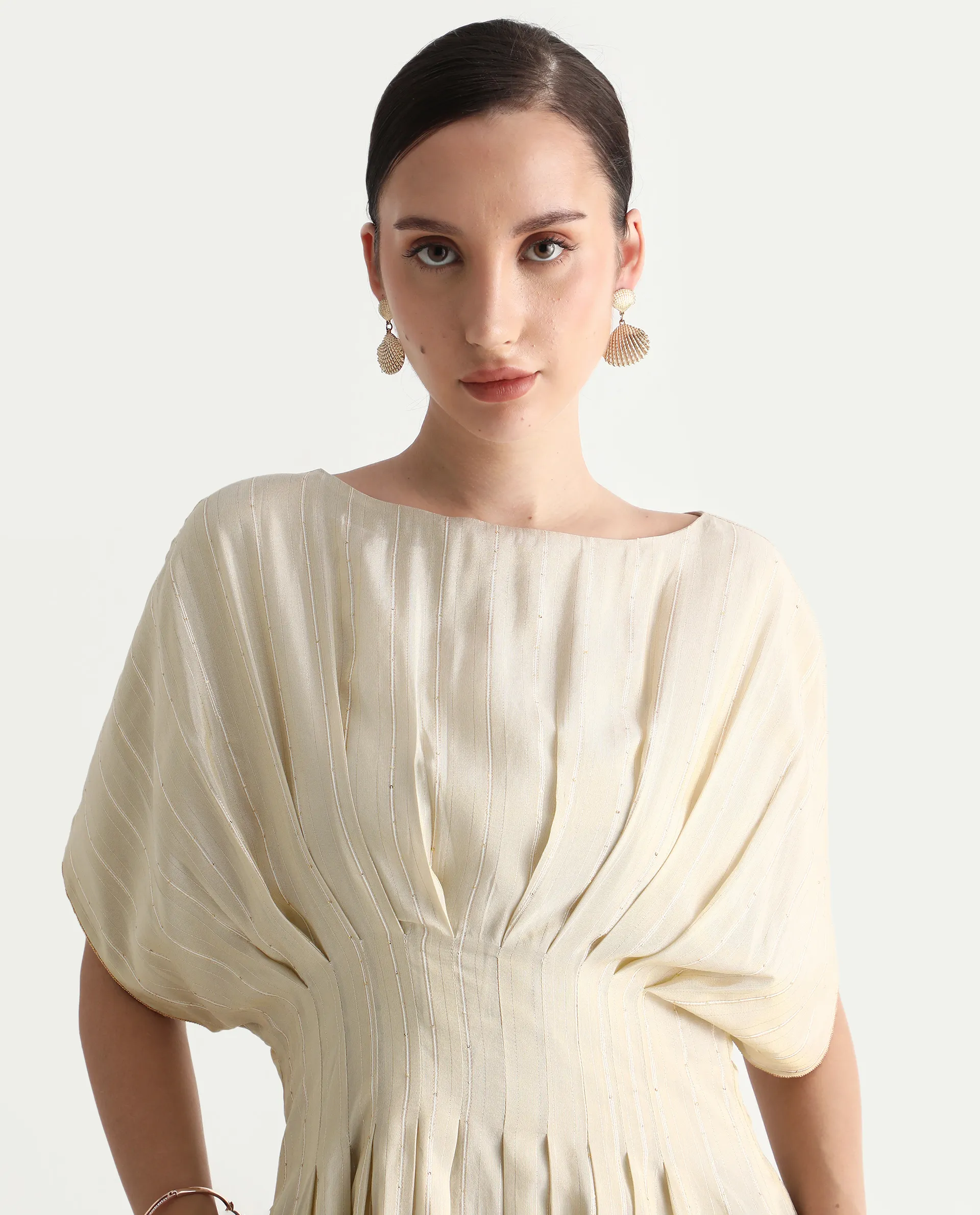 Rareism Women's Avimi Off White Viscose Round Neck Fit And Flare Plain Midi Dress - Image 9