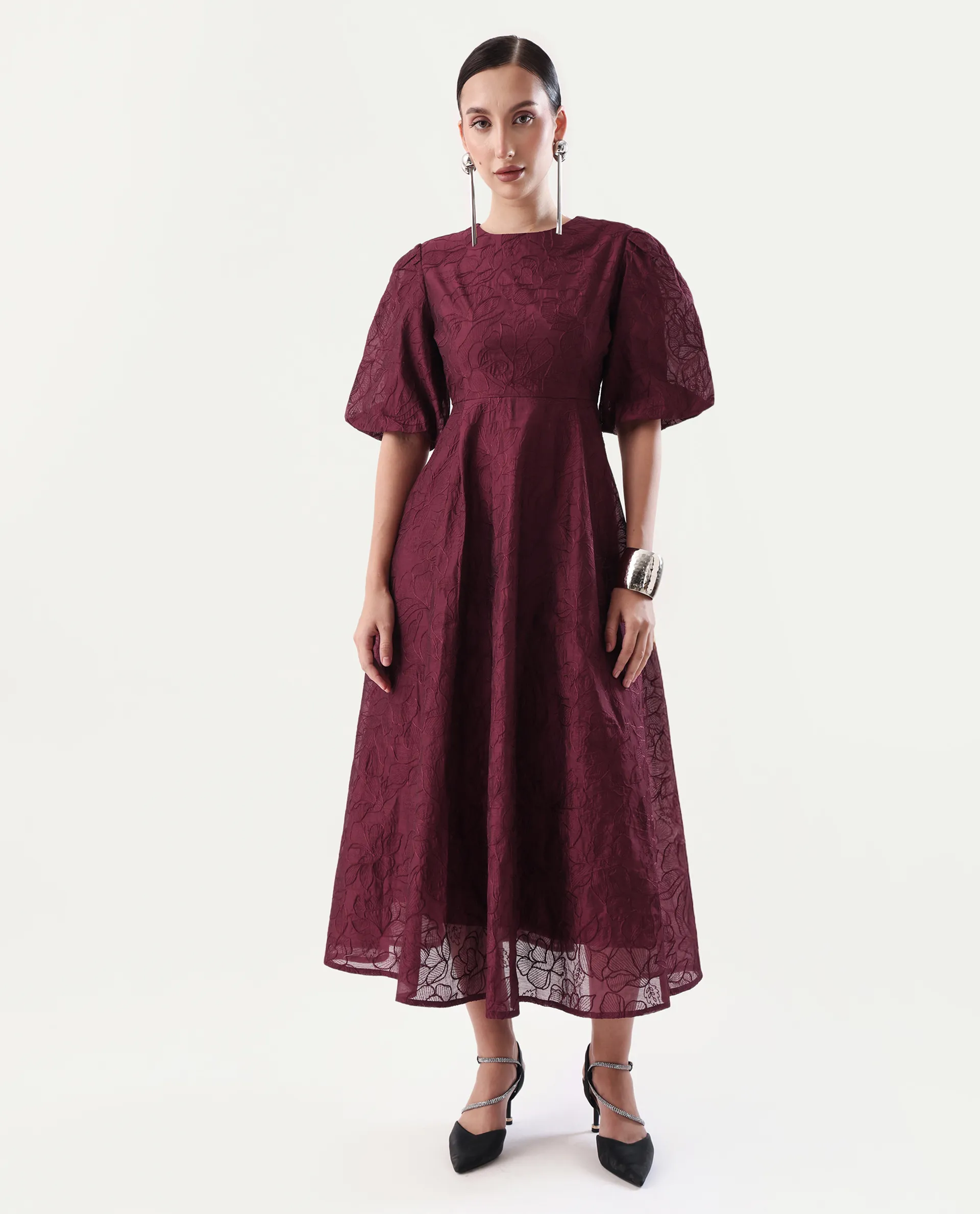 Rareism Women's Avind Maroon Viscose Blend Round Neck Fit And Flare Plain Dress - Image 2