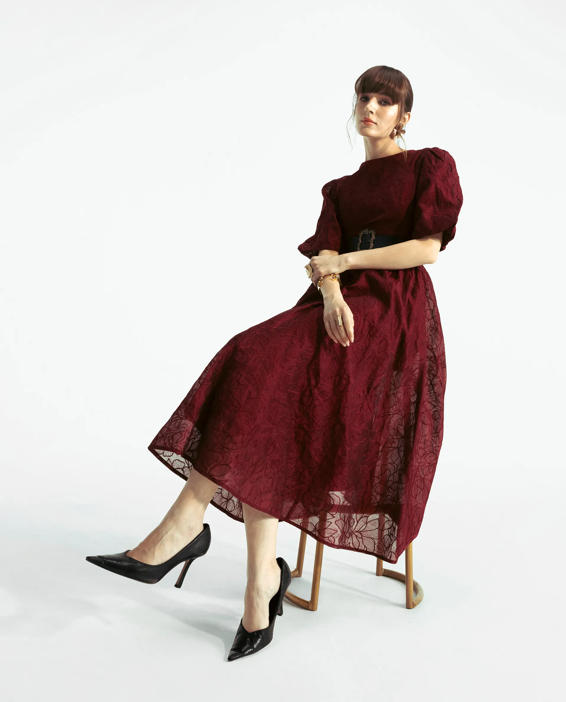 Rareism Women's Avind Maroon Viscose Blend Round Neck Fit And Flare Plain Dress - Image 3