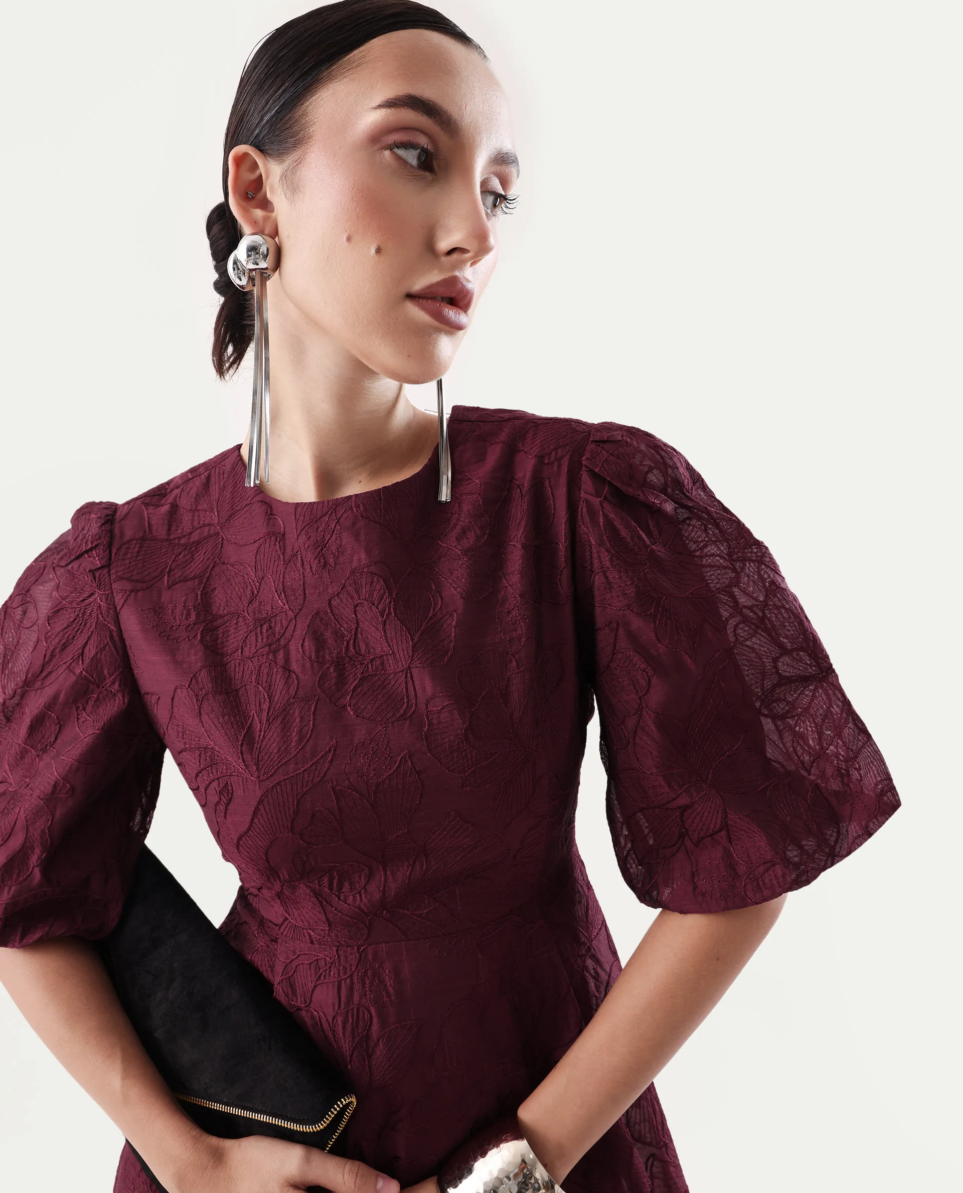 Rareism Women's Avind Maroon Viscose Blend Round Neck Fit And Flare Plain Dress - Image 4