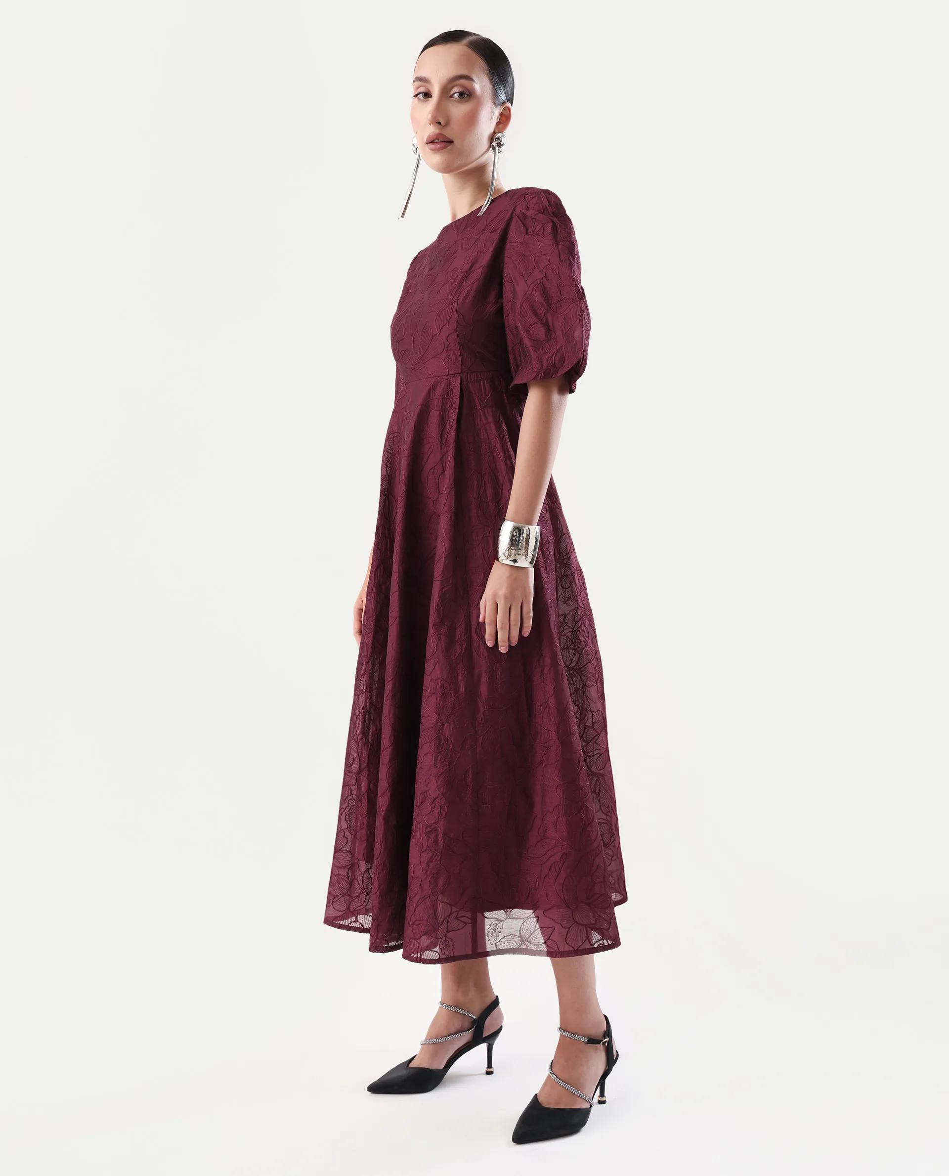 Rareism Women's Avind Maroon Viscose Blend Round Neck Fit And Flare Plain Dress - Image 6