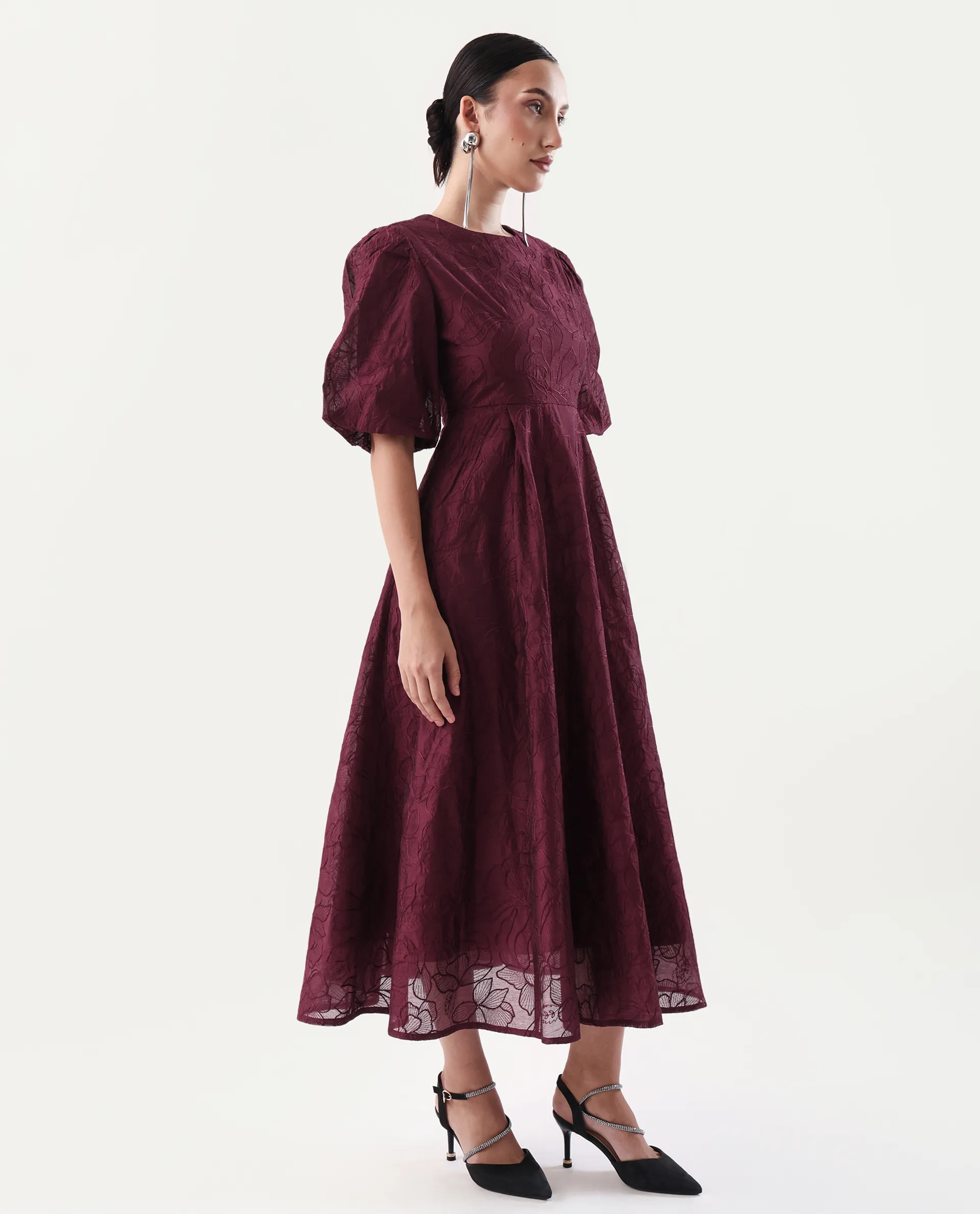 Rareism Women's Avind Maroon Viscose Blend Round Neck Fit And Flare Plain Dress - Image 7