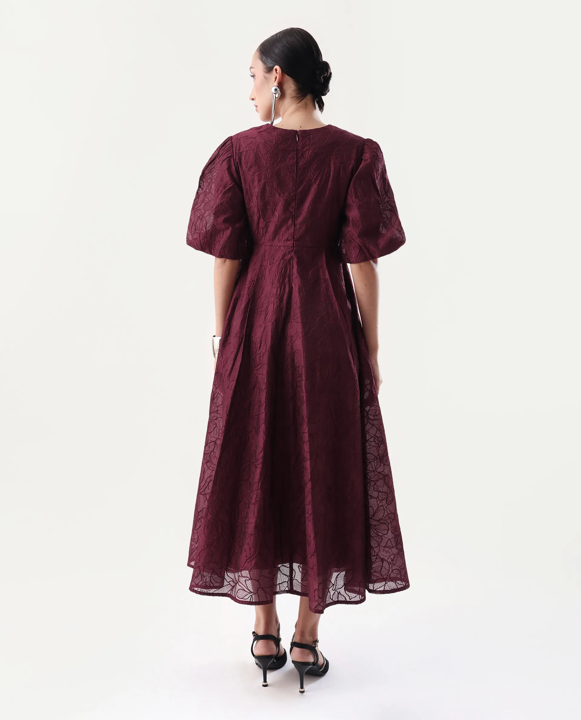 Rareism Women's Avind Maroon Viscose Blend Round Neck Fit And Flare Plain Dress - Image 8