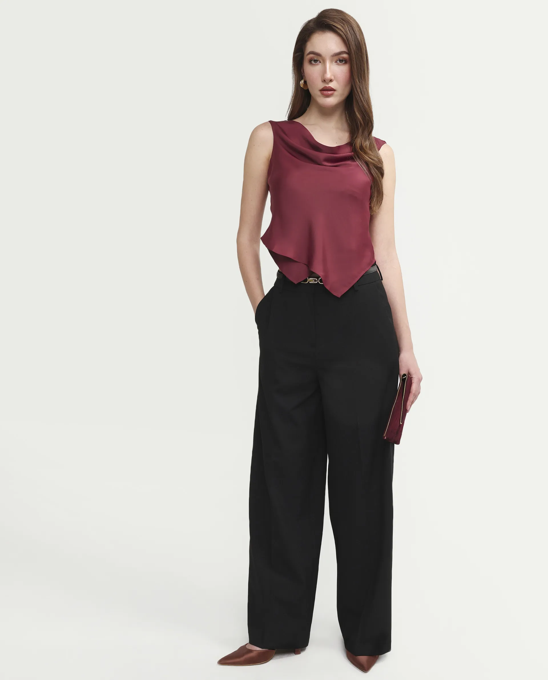 Rareism Women's Avini Dark Red Polyester Sleeveless Fitted Plain Top - Image 2