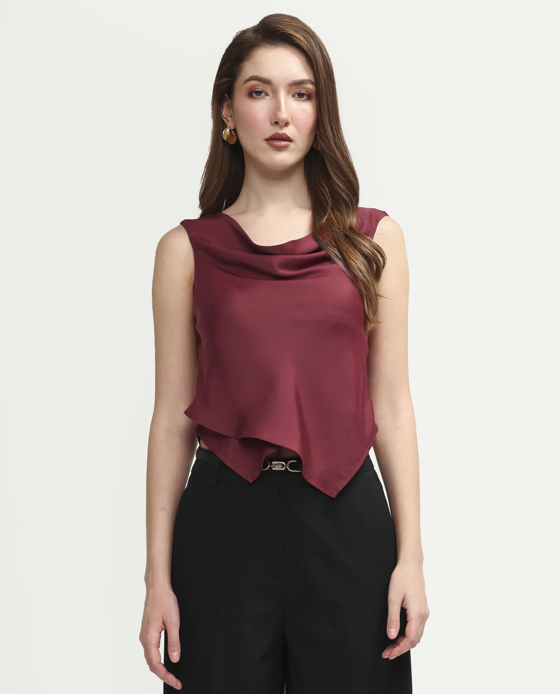 Rareism Women's Avini Dark Red Polyester Sleeveless Fitted Plain Top - Image 3