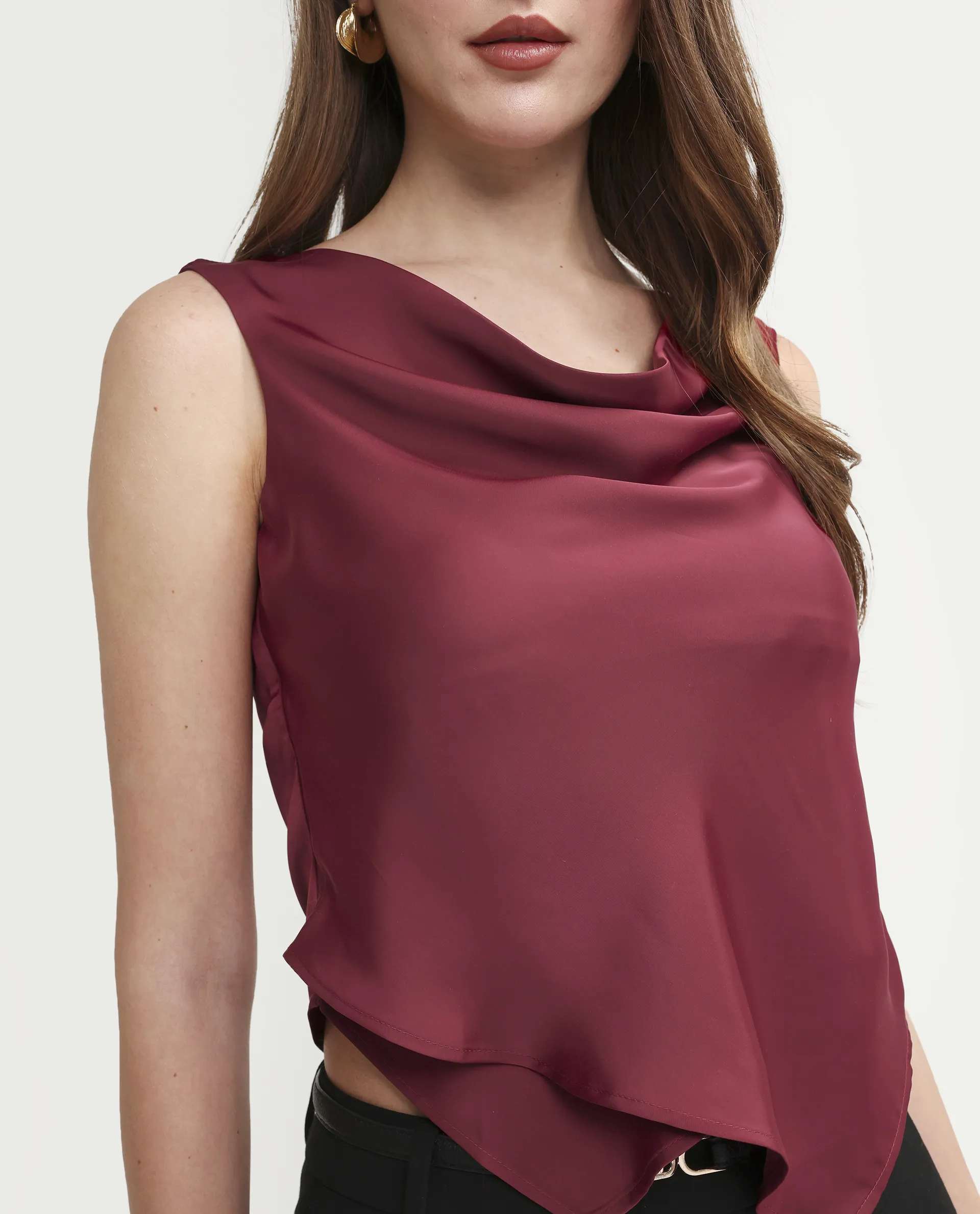 Rareism Women's Avini Dark Red Polyester Sleeveless Fitted Plain Top - Image 4