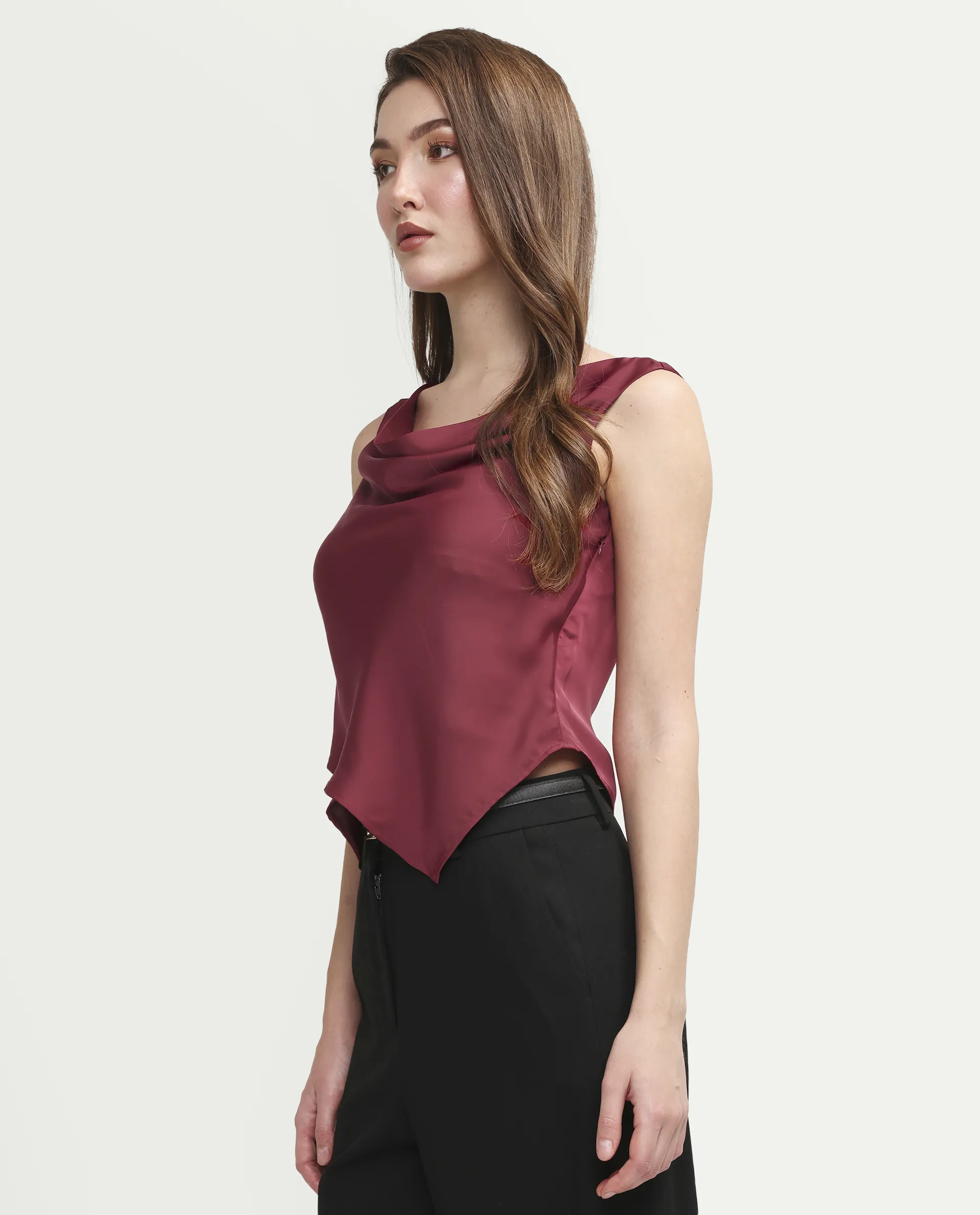 Rareism Women's Avini Dark Red Polyester Sleeveless Fitted Plain Top - Image 5