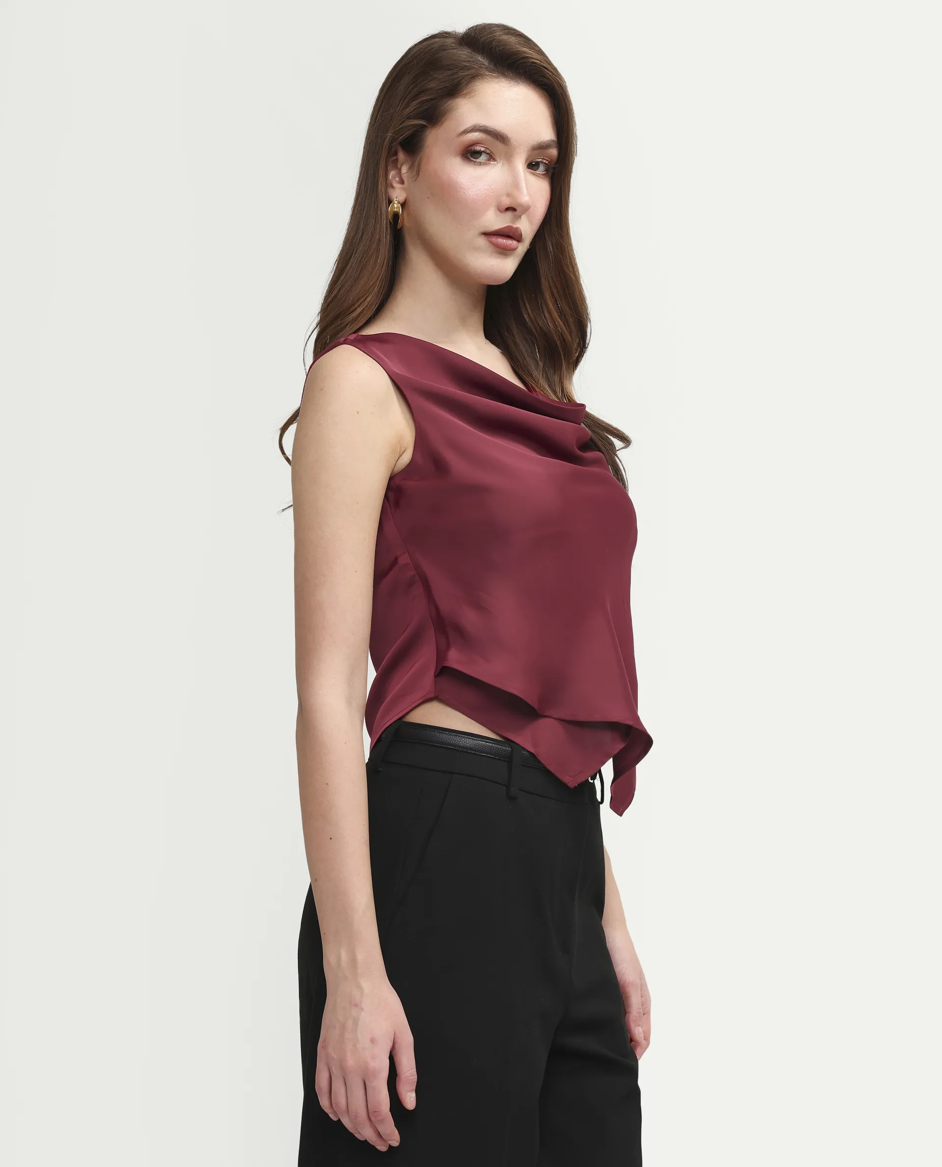 Rareism Women's Avini Dark Red Polyester Sleeveless Fitted Plain Top - Image 6