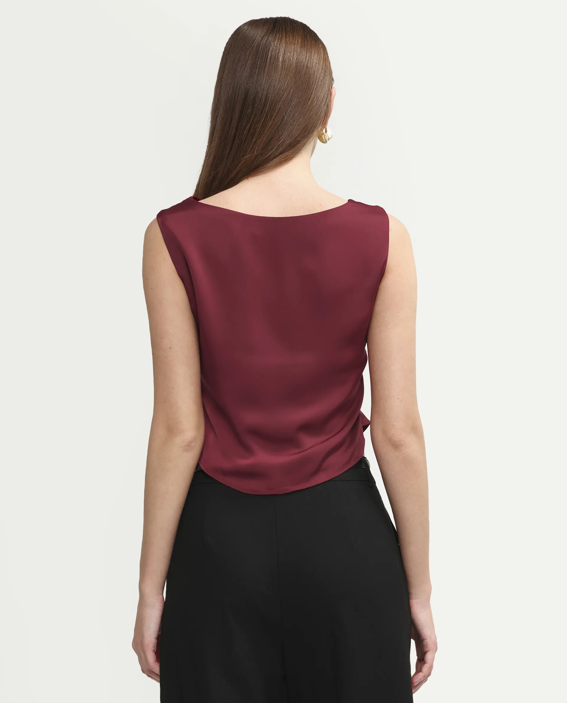 Rareism Women's Avini Dark Red Polyester Sleeveless Fitted Plain Top - Image 7