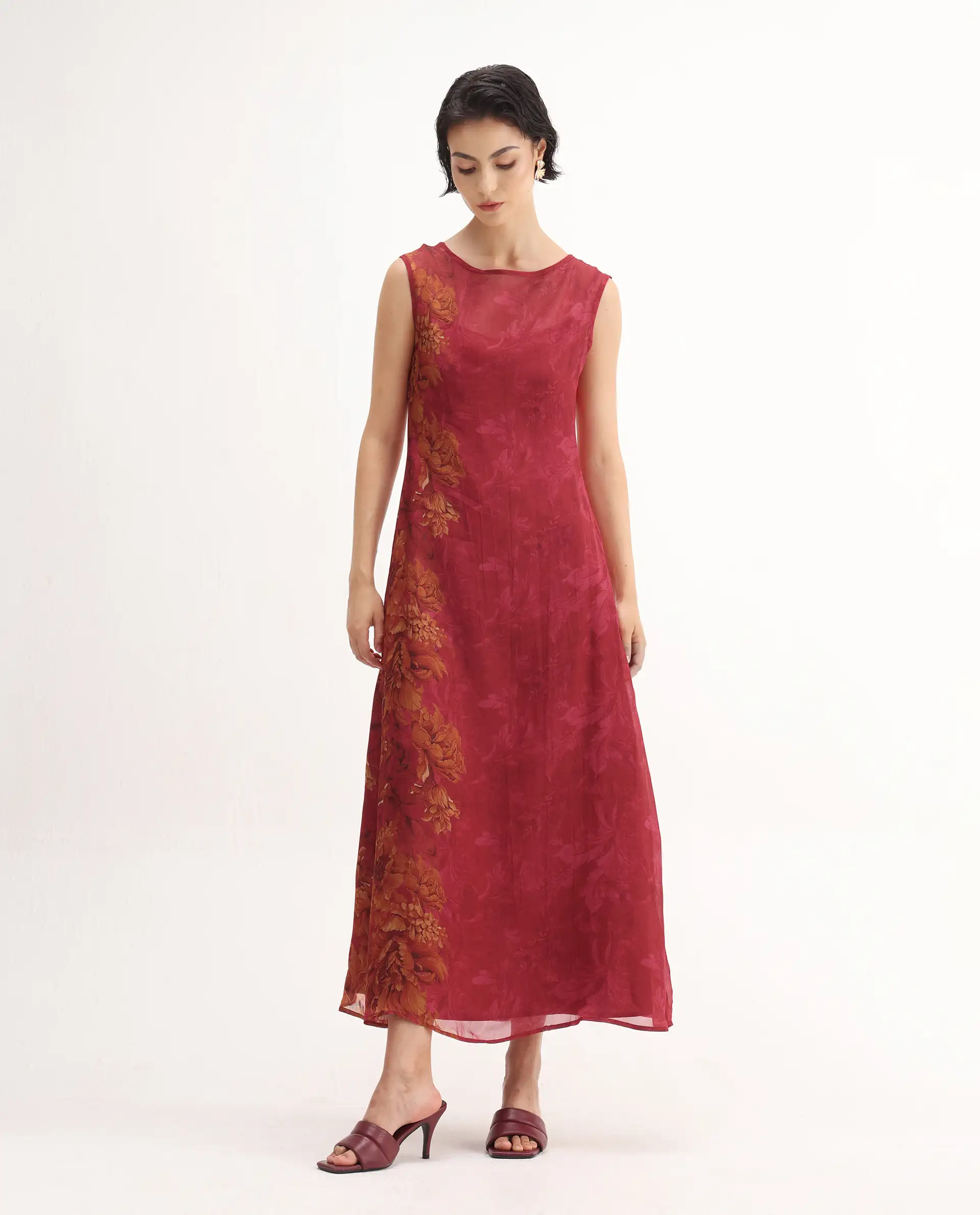 Rareism Women's Avins Pink Viscose Organza Round Neck Fit And Flare Printed Dress - Image 2
