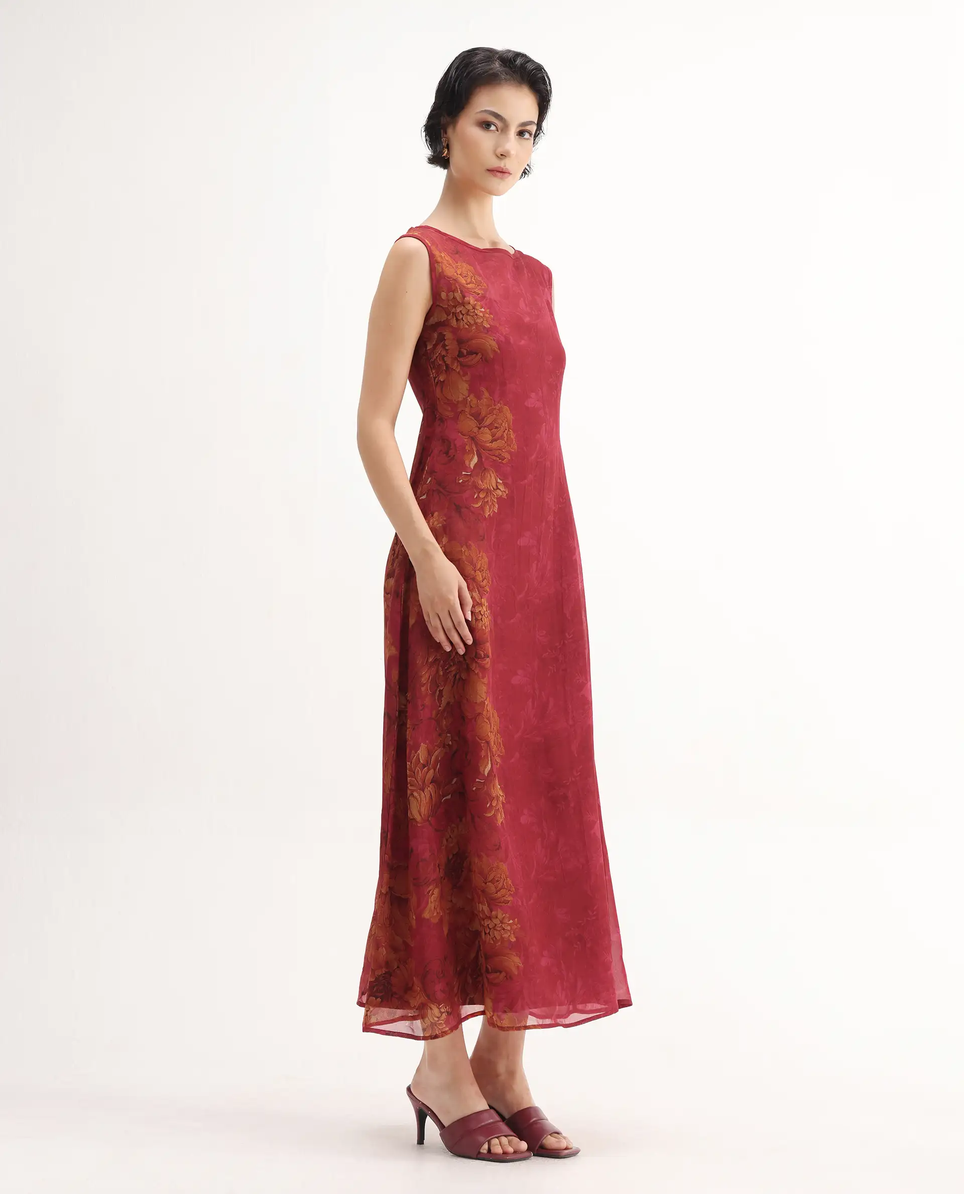 Rareism Women's Avins Pink Viscose Organza Round Neck Fit And Flare Printed Dress - Image 6