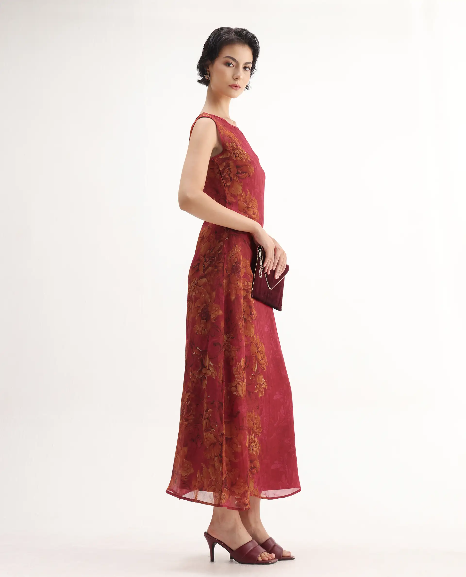 Rareism Women's Avins Pink Viscose Organza Round Neck Fit And Flare Printed Dress - Image 8