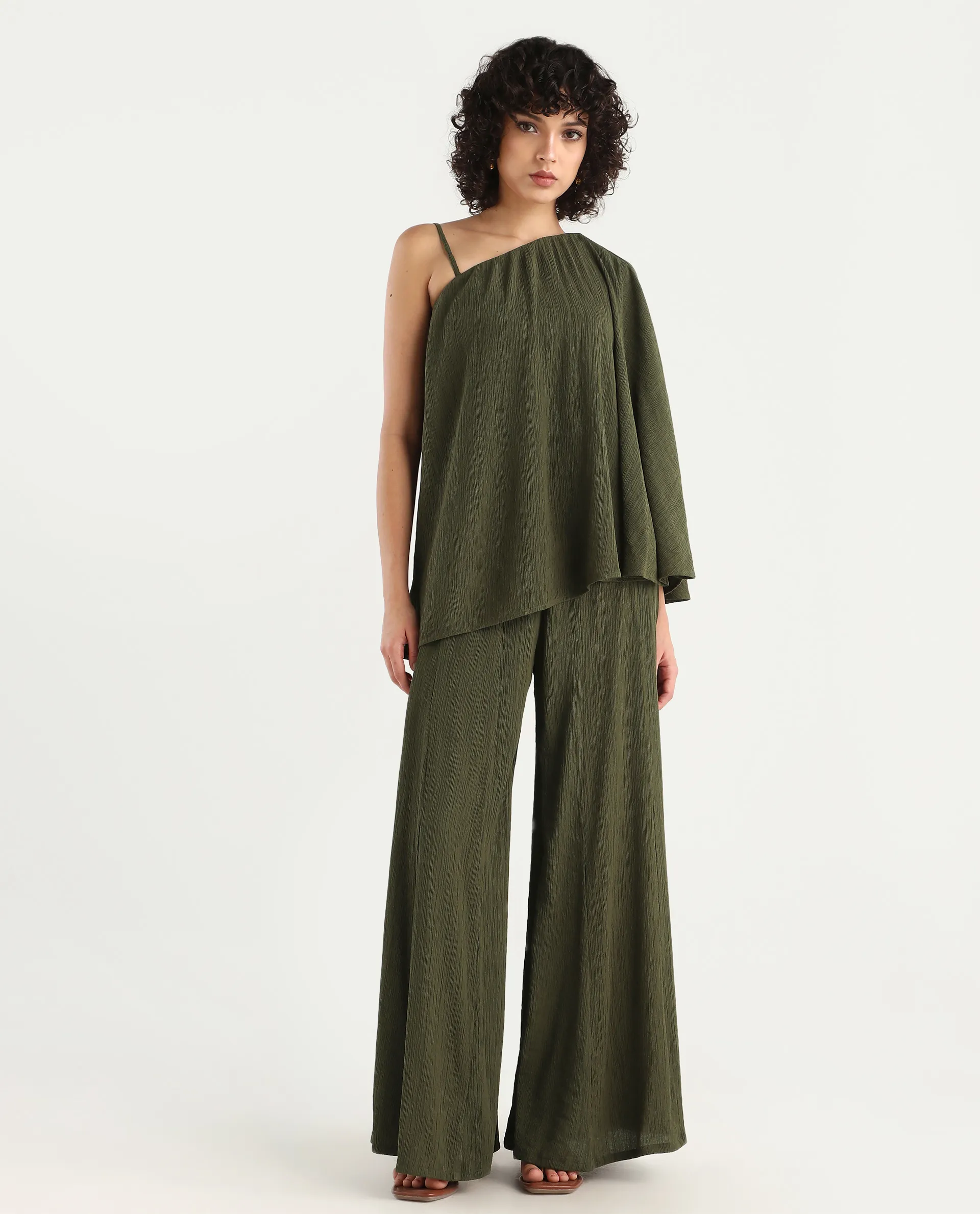 Rareism Women's Aviok-B Olive Nylon Blend Flared Plain Trouser - Image 2