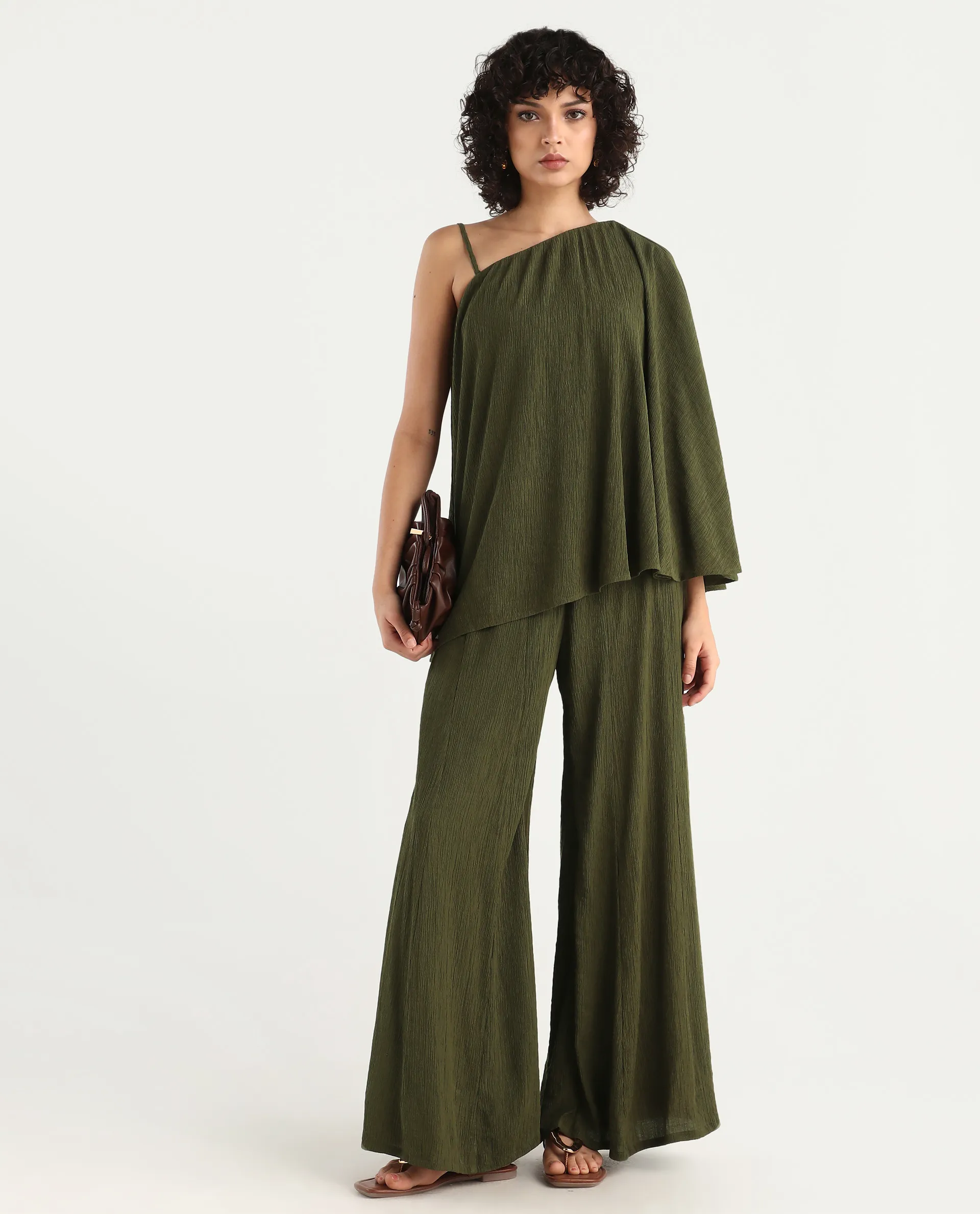 Rareism Women's Aviok-T Olive Nylon Blend One Shoulder Relaxed Plain Top - Image 2