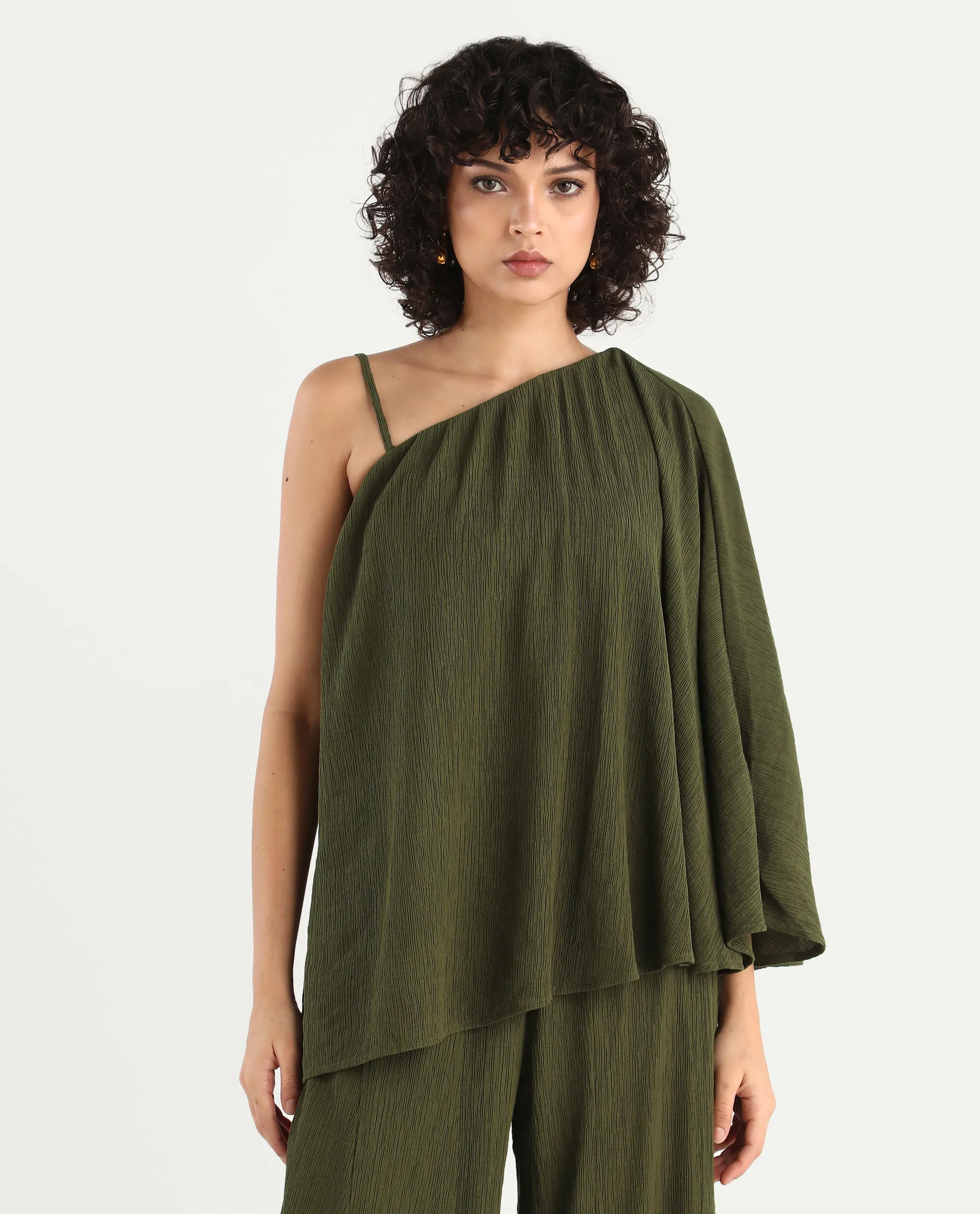 Rareism Women's Aviok-T Olive Nylon Blend One Shoulder Relaxed Plain Top - Image 3
