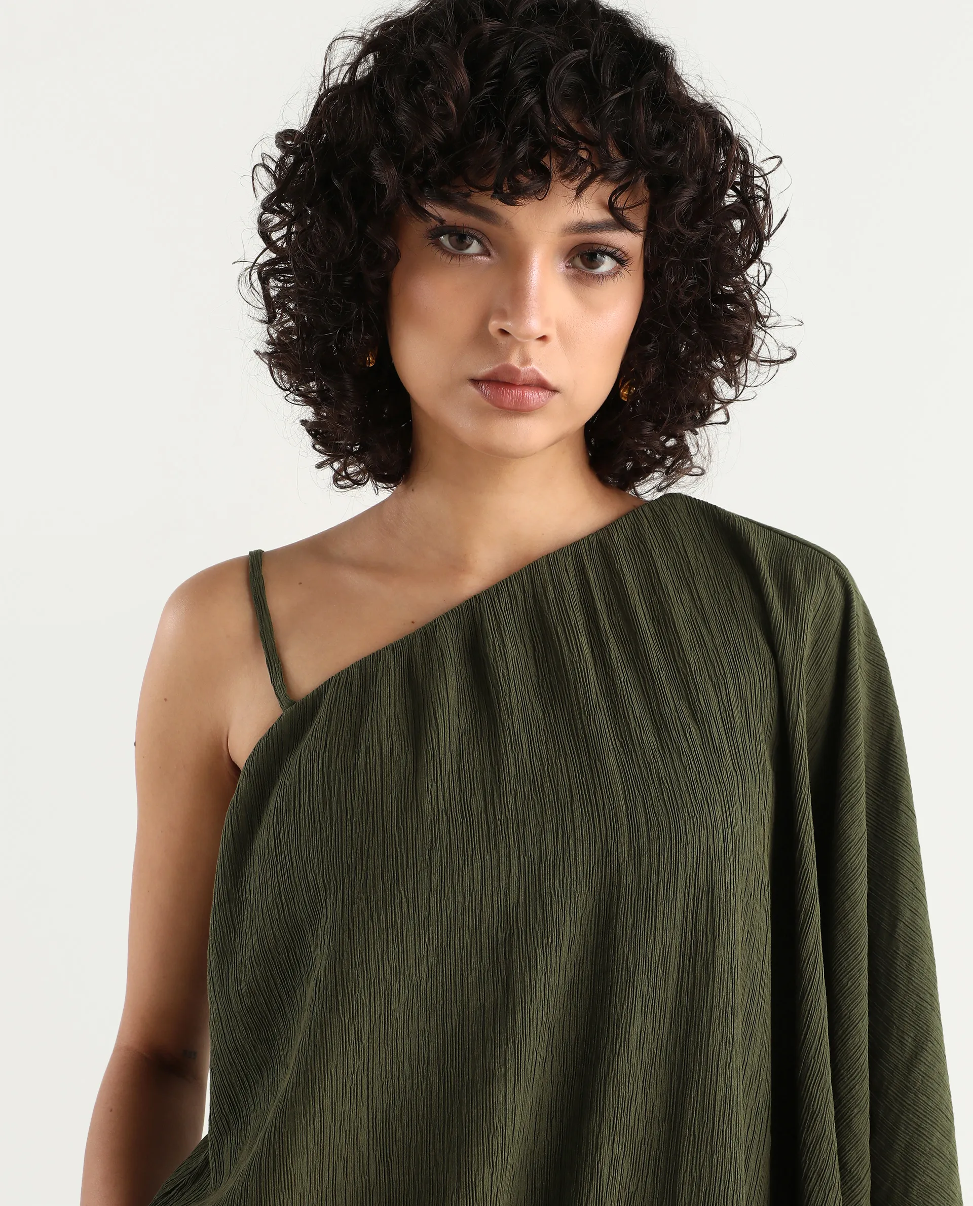 Rareism Women's Aviok-T Olive Nylon Blend One Shoulder Relaxed Plain Top - Image 4