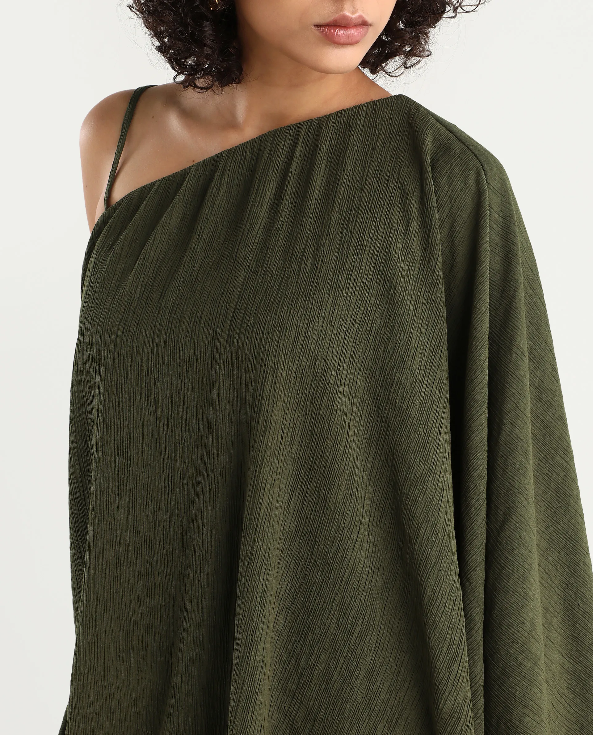 Rareism Women's Aviok-T Olive Nylon Blend One Shoulder Relaxed Plain Top - Image 5
