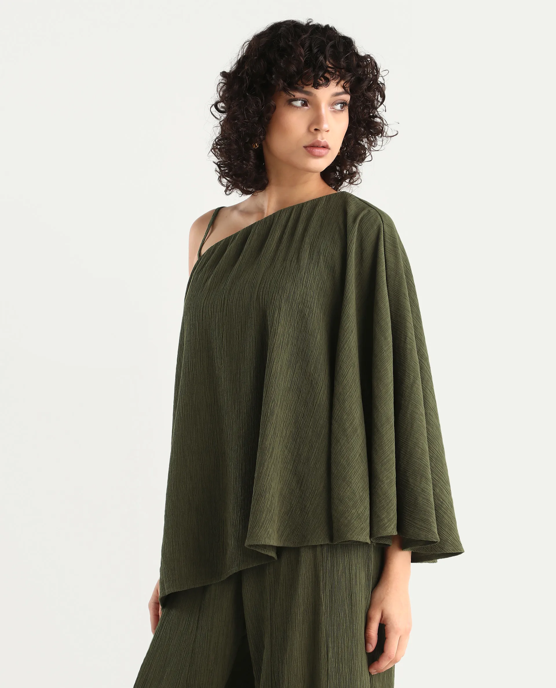 Rareism Women's Aviok-T Olive Nylon Blend One Shoulder Relaxed Plain Top - Image 6