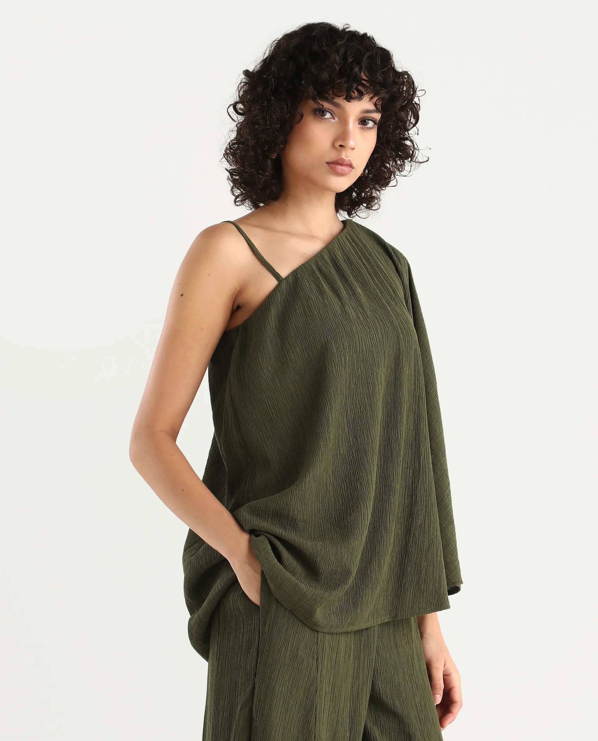 Rareism Women's Aviok-T Olive Nylon Blend One Shoulder Relaxed Plain Top - Image 7