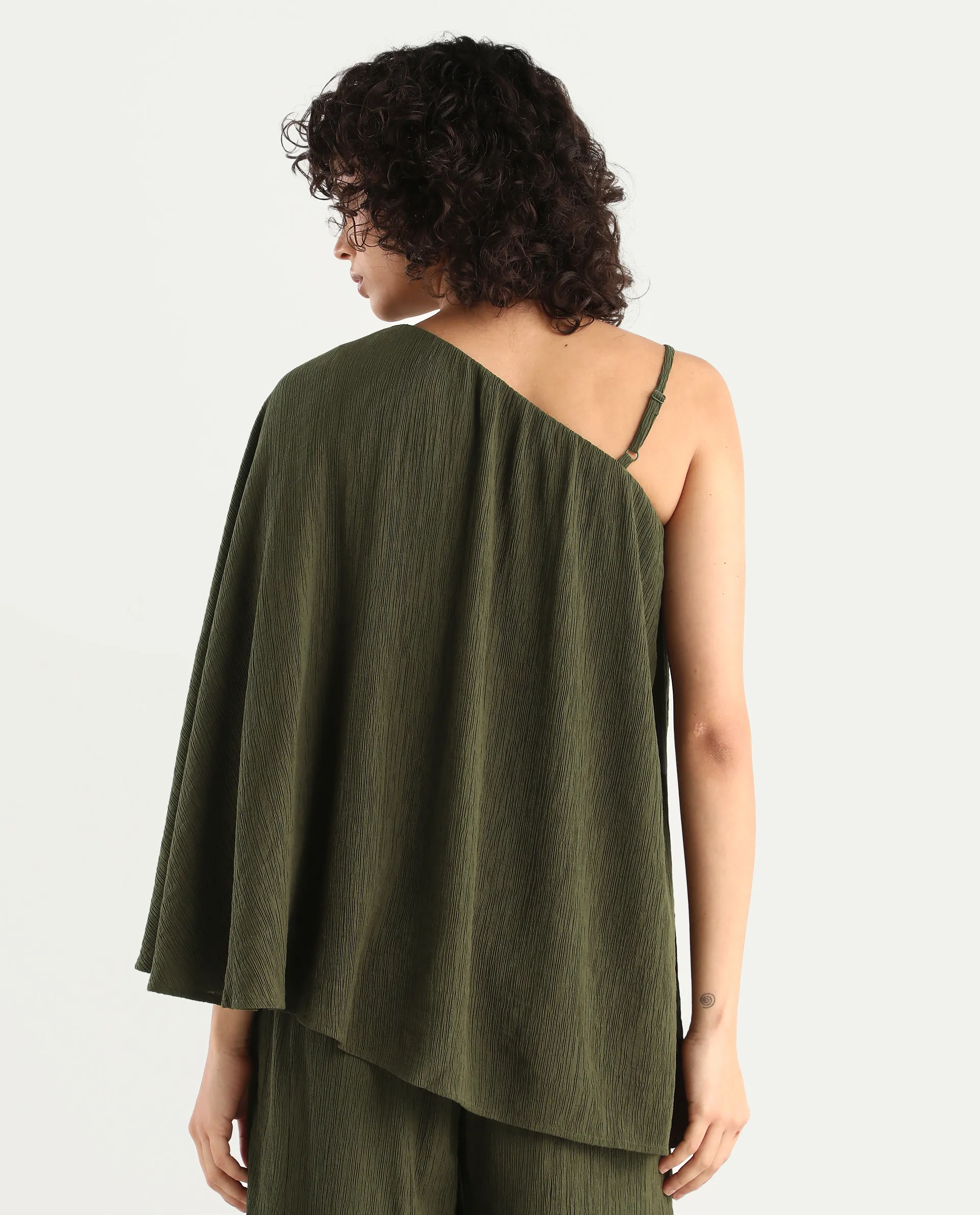 Rareism Women's Aviok-T Olive Nylon Blend One Shoulder Relaxed Plain Top - Image 8