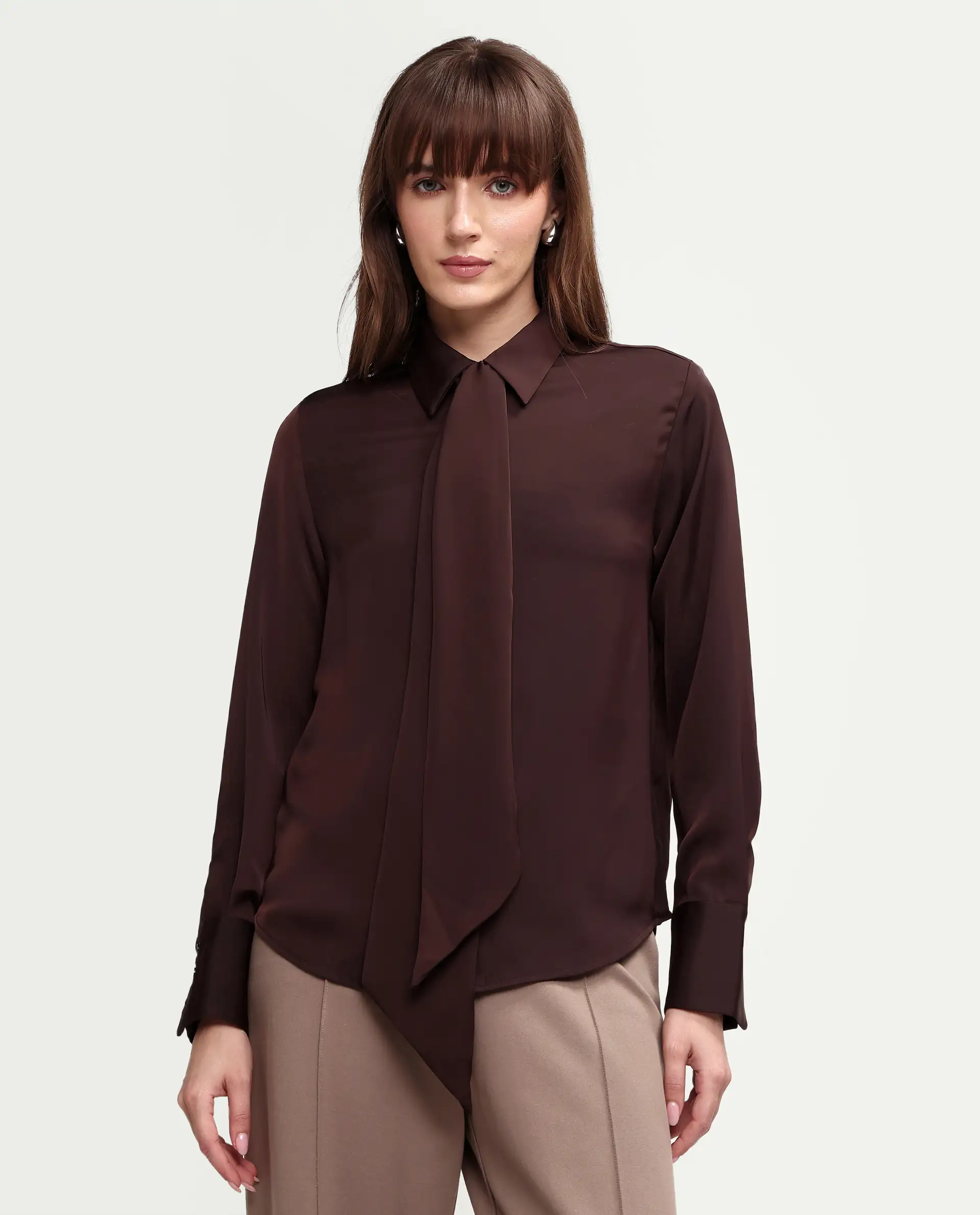 Rareism Women's Aviol S-26 Brown Full Sleeve Spread Collar Regular Top - Image 3