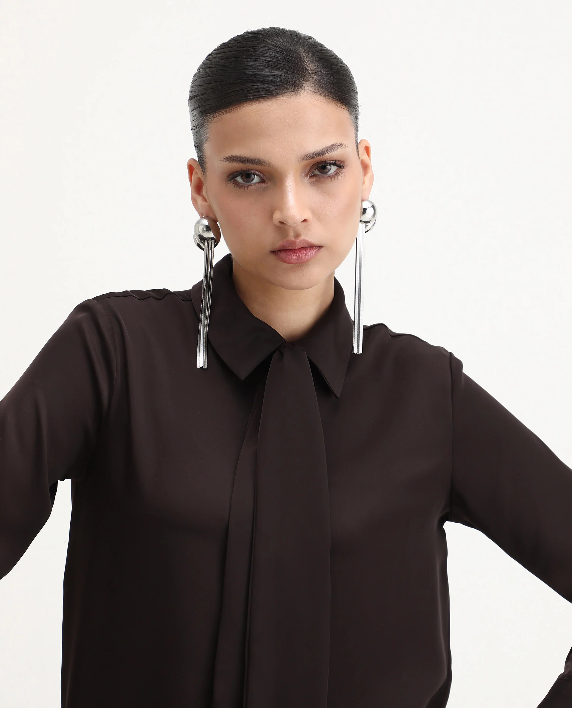 Rareism Women's Aviol Brown Polyester Collared Neck Regular Fit Shirt - Image 4