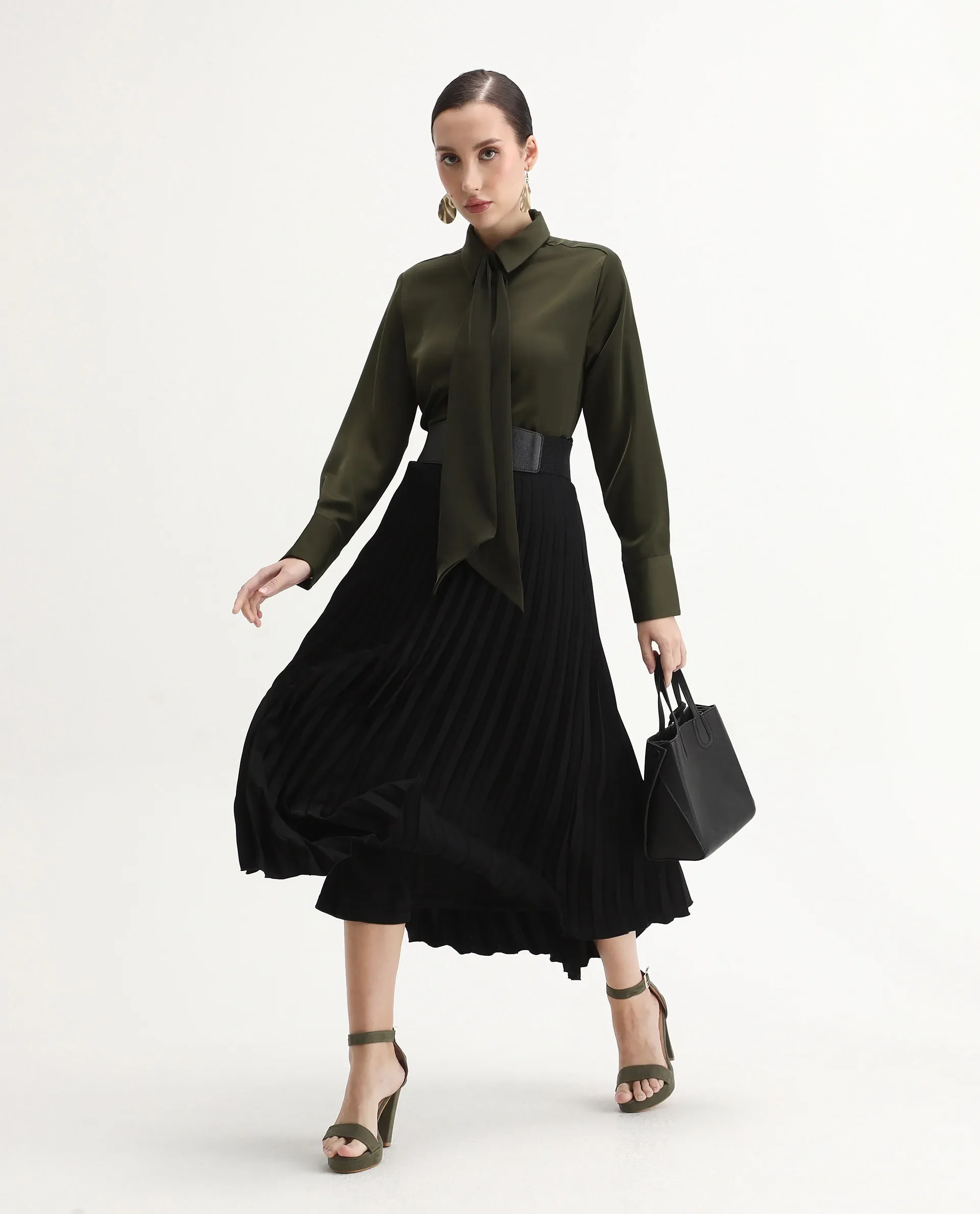 Rareism Women Aviol Olive Collared Neck Button Closure Plain Shirt - Image 2