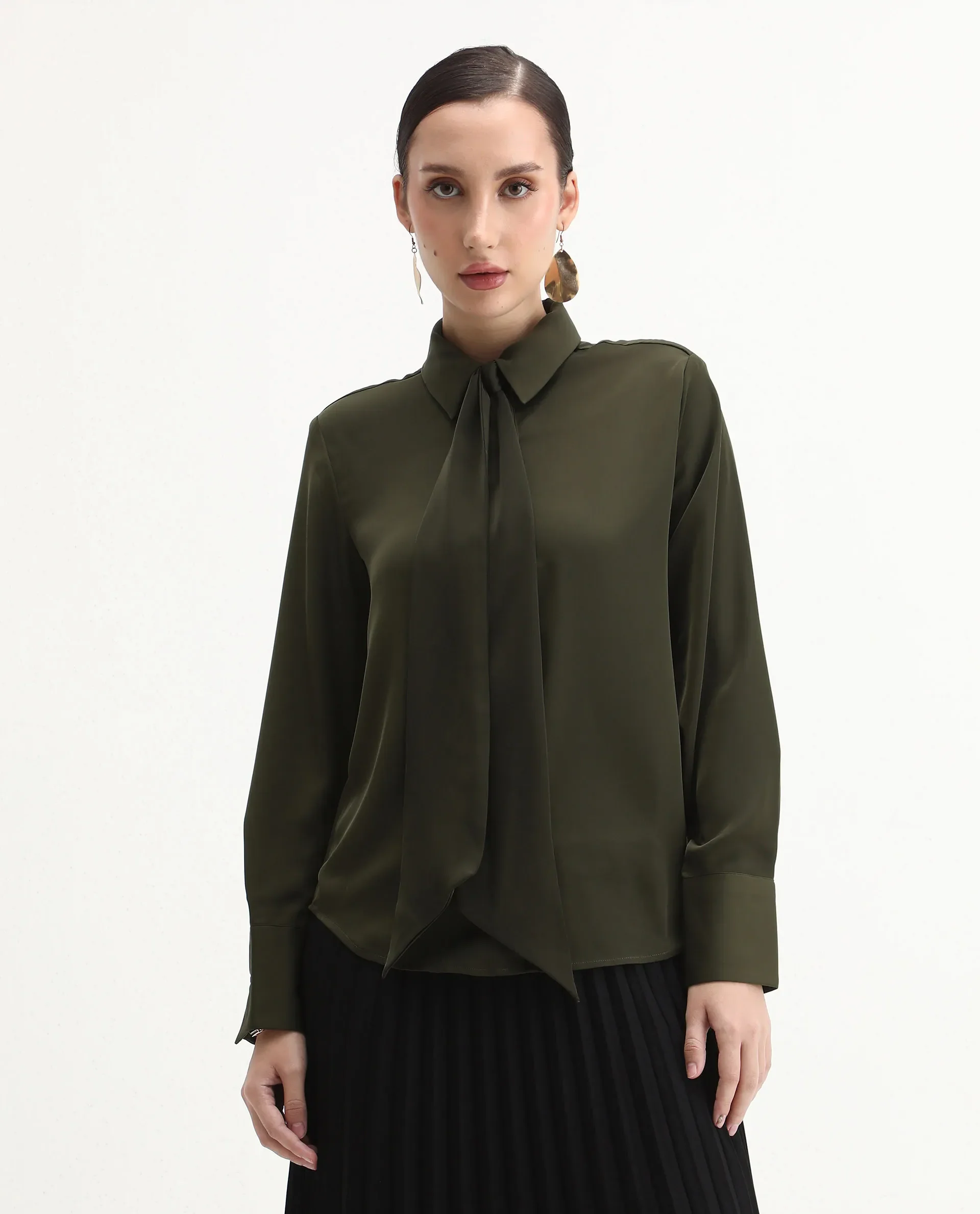 Rareism Women Aviol Olive Collared Neck Button Closure Plain Shirt - Image 3