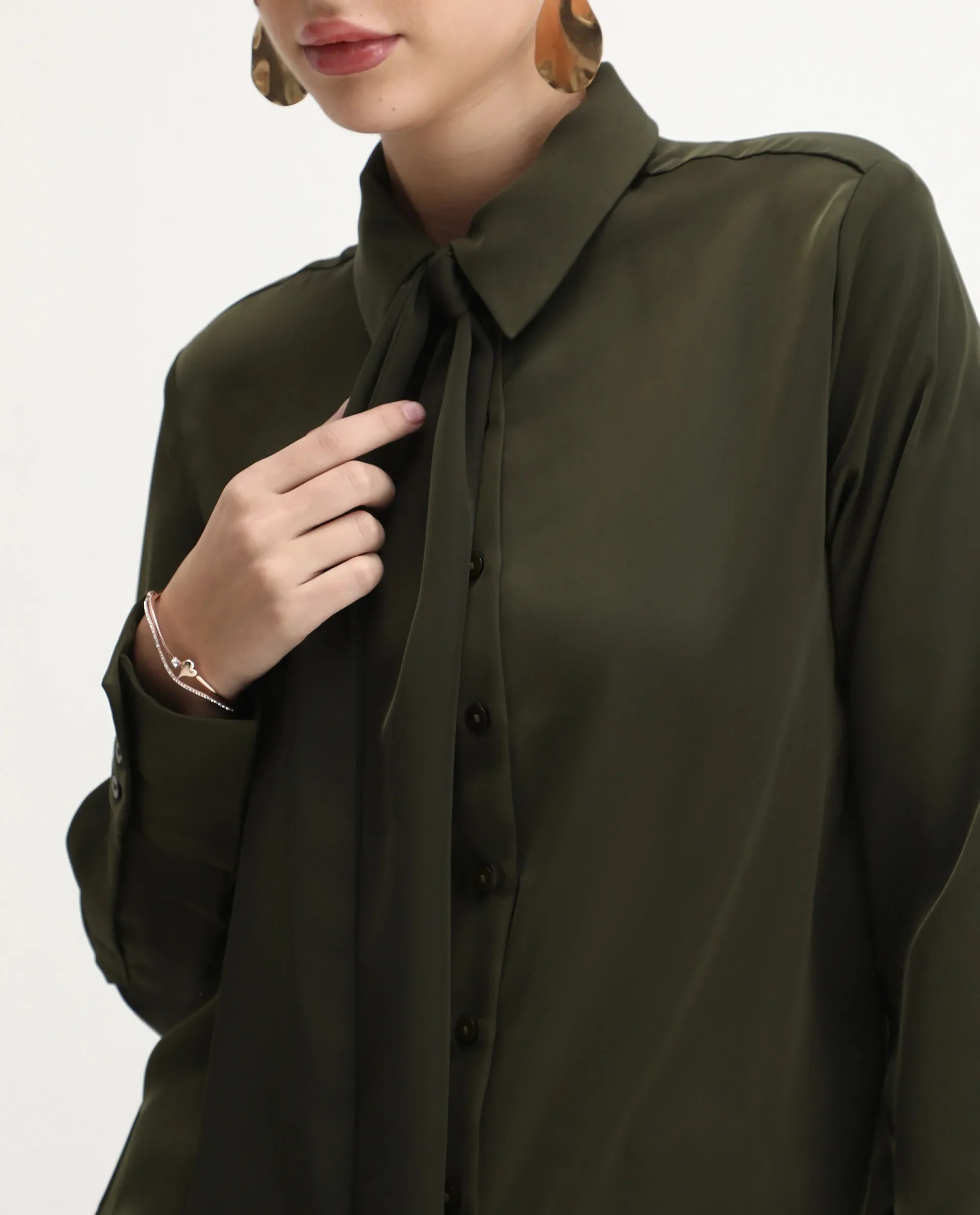 Rareism Women Aviol Olive Collared Neck Button Closure Plain Shirt - Image 4