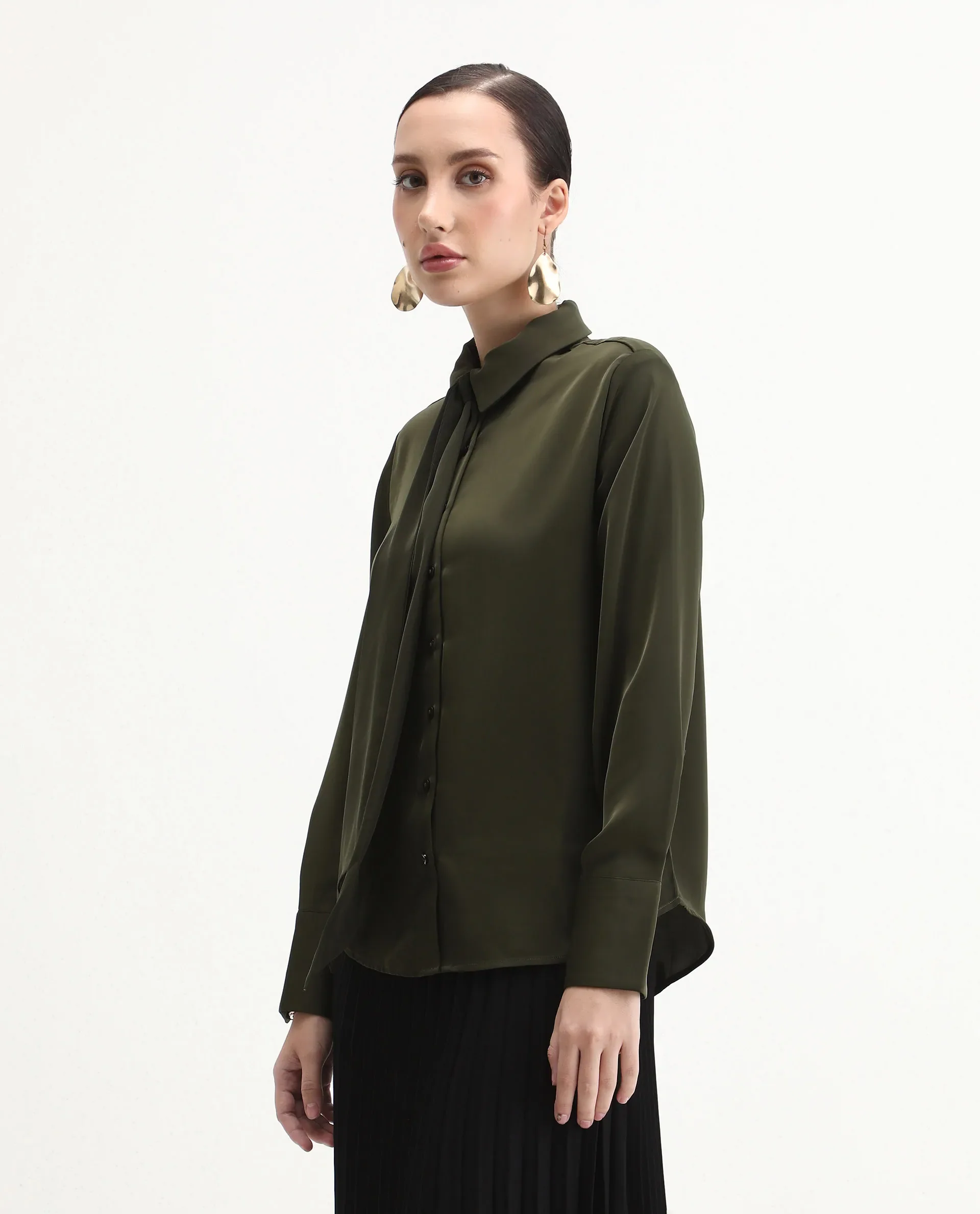 Rareism Women Aviol Olive Collared Neck Button Closure Plain Shirt - Image 5